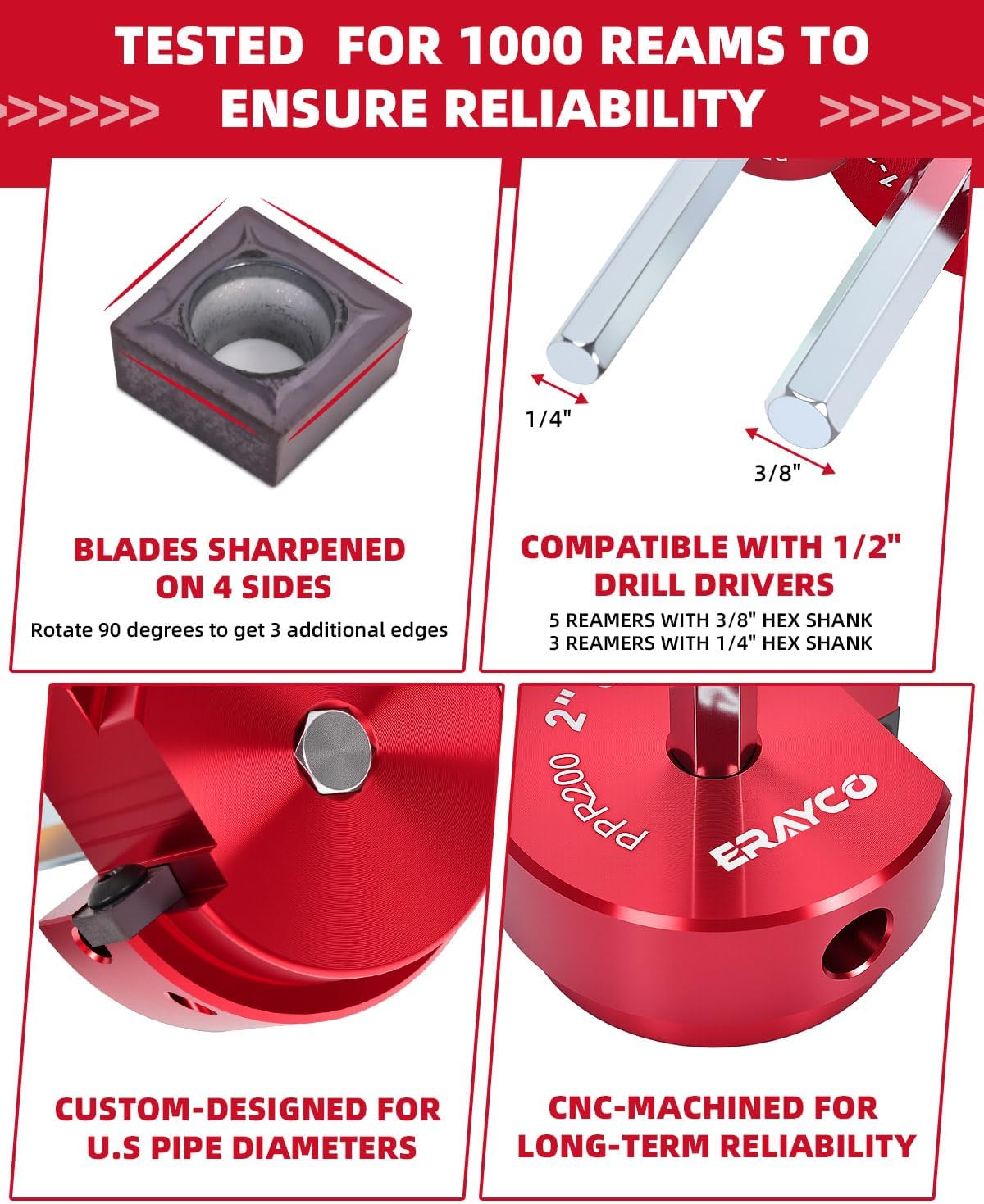 ERAYCO 8-Piece PVC Pipe Reamer Kit with 1/2", 3/4", 1", 1-1/4", 1-1/2", 2", 3", 4" Heads, 4-Sided Carbide Aluminum Fitting Saver, Plumbing Tools for Schedule SCH40 PVC, CPVC or ABS