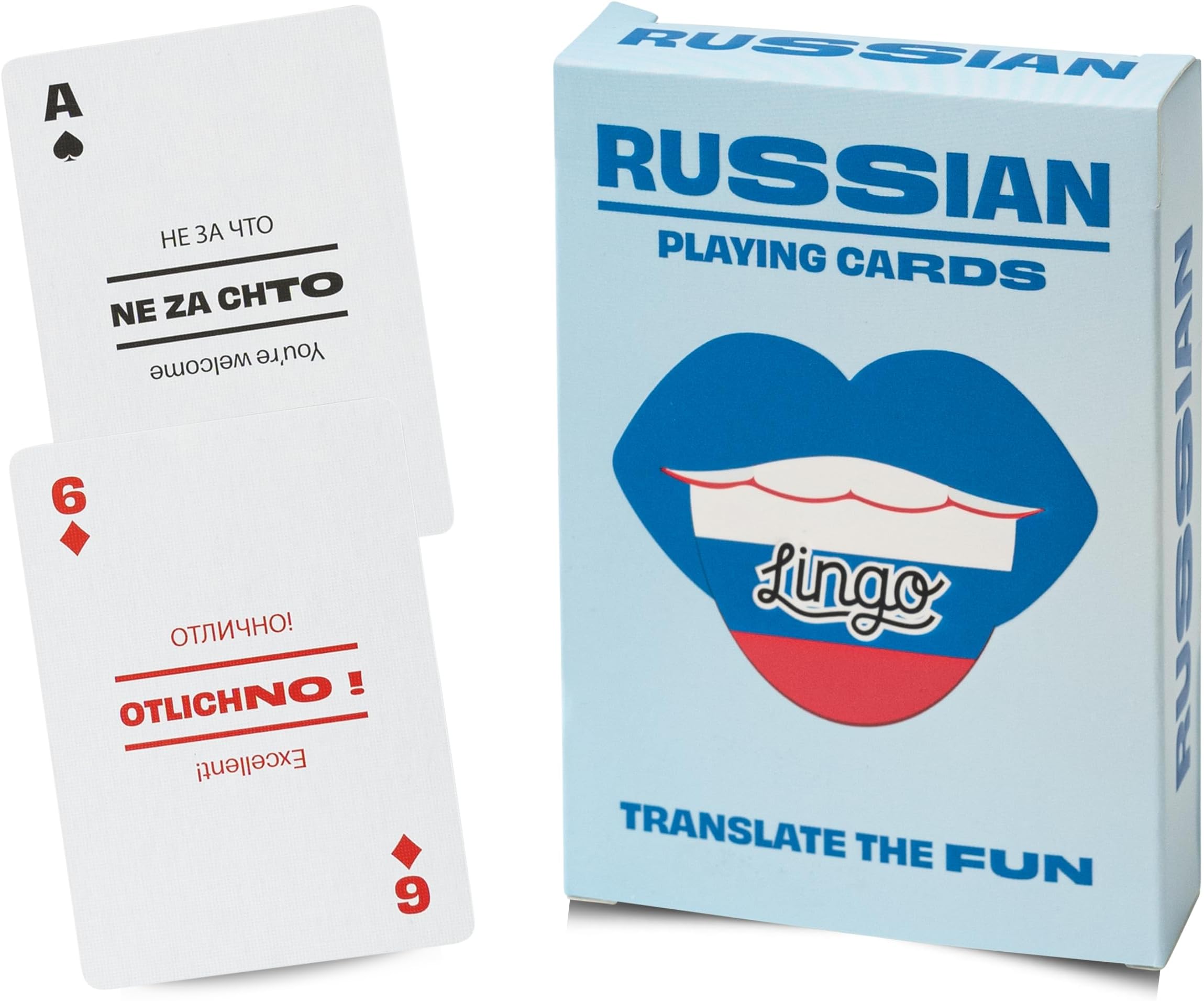 Lingo Playing Cards | Language Learning Game Set | Fun Visual Flashcard Deck to Increase Vocabulary and Pronunciation Skills - 54 Useful Phrases (Russian)