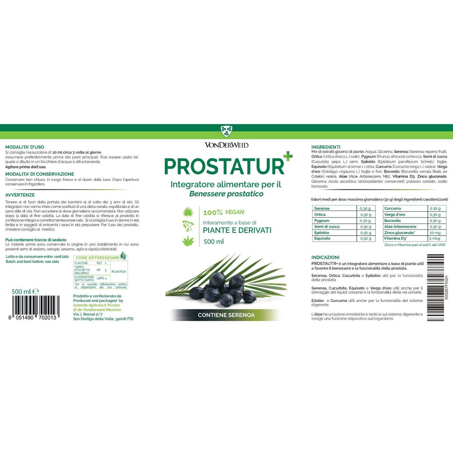 PROSTATUR+ | Integratore Prostata | Antinfiammatorio Prostata con Serenoa Repens, Pygeum Africanum, Epilobio, Ortica, Aloe + Zinco e VitaminaD | Integratore Naturale alle 10 Erbe | 500 ml