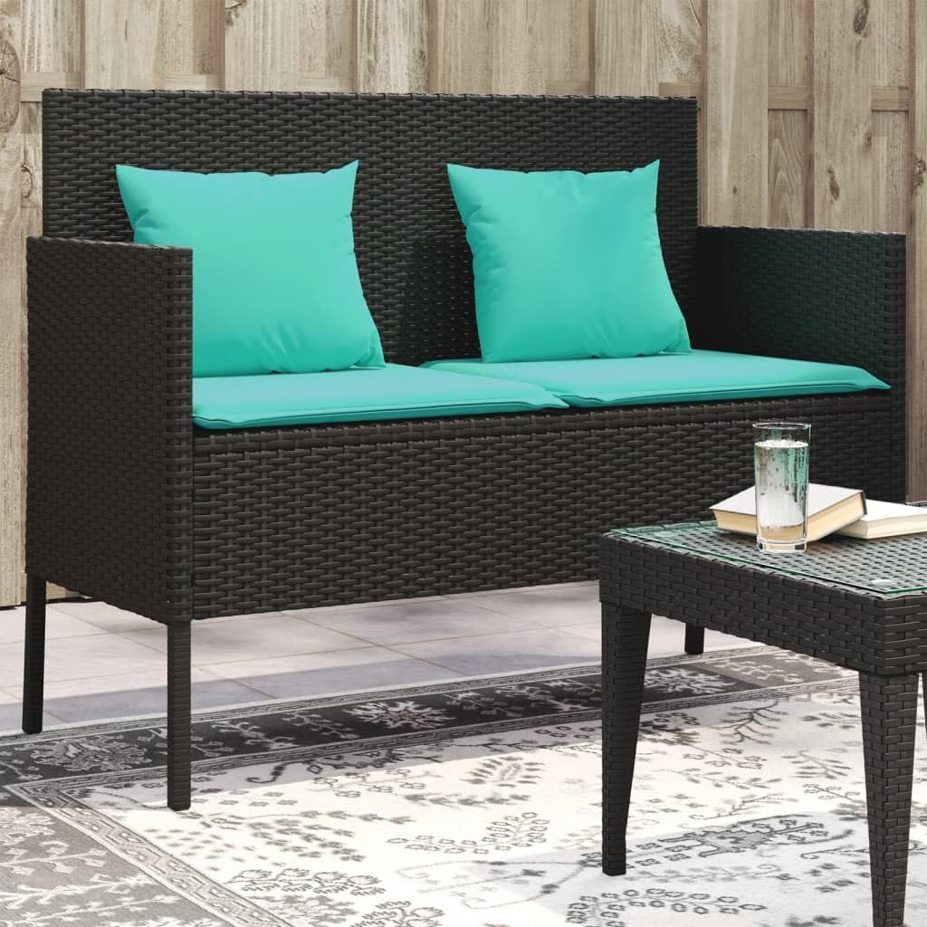 Patio Loveseat Wicker 2-Seat Bench with Blue Cushions, 2-Person Wicker Garden Patio Benches Seating Furniture with Storage Space, Rattan Porch Chairs Bench, Black Poly Rattan