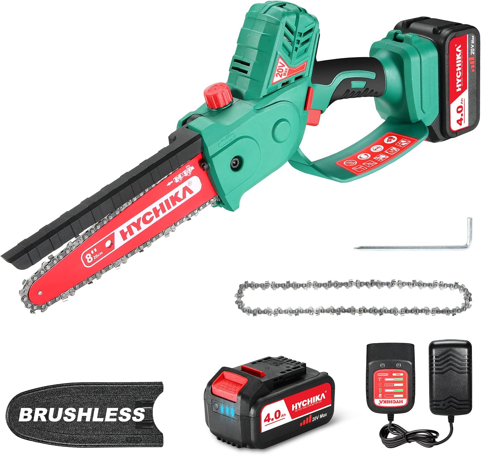 HYCHIKA Mini Chainsaw, 18V 8-inch Electric Brushless Chain Saw with Hand Guard, 4.0Ah Batteries, 2 Chain, Upgraded Handheld Chainsaw for Garden Branch Tree Cutting, Pruning