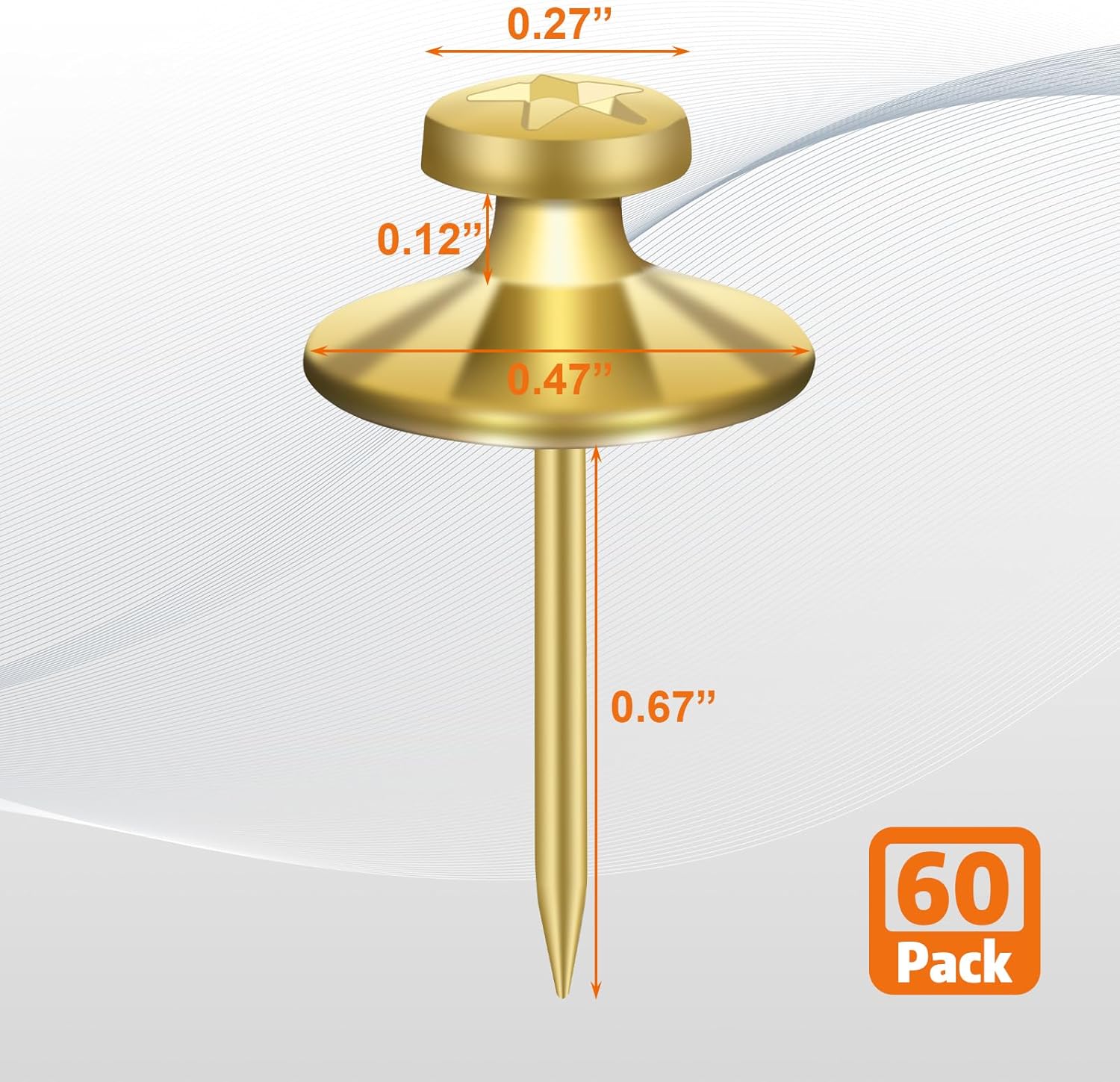 KURUI 60-Pack Metal Push Pins for Wall Hanging Decor, Renter Friendly Hooks for Bedroom Office Gallery Dorm Home, Double Headed Thumb Tacks for Tapestry/Canvas/ Picture Frame/Art, Gold Picture Hangers