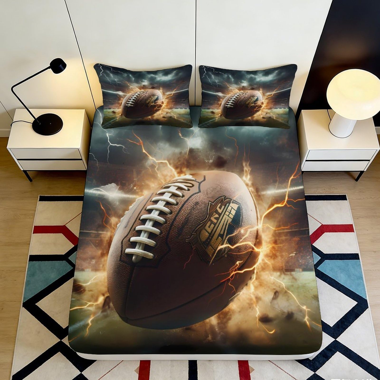 Jqzkxnhpbr Style-8 3D Printed American Football Fitted Sheet Microfiber Soft Anti-Slip Mattress Cover Lightning Decor For Bedroom Dorm Apartment 90X200x25cm