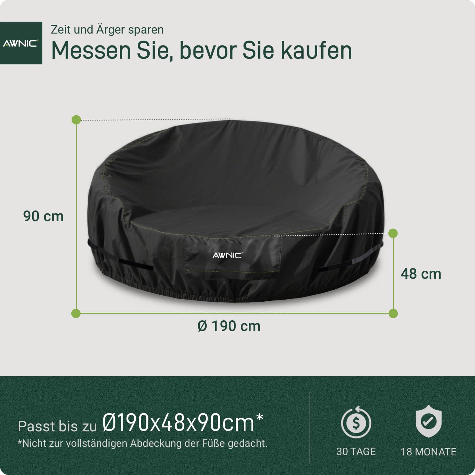 Awnic Sonneninsel Abdeckung Wasserdicht 420D Oxford Stoff, Abdeckplane Sonneninsel Rund Winterfest mit Klettverschluss & Gummizug, Schutzhülle für Sonneninsel Liegeinsel Ø190x90/48cm