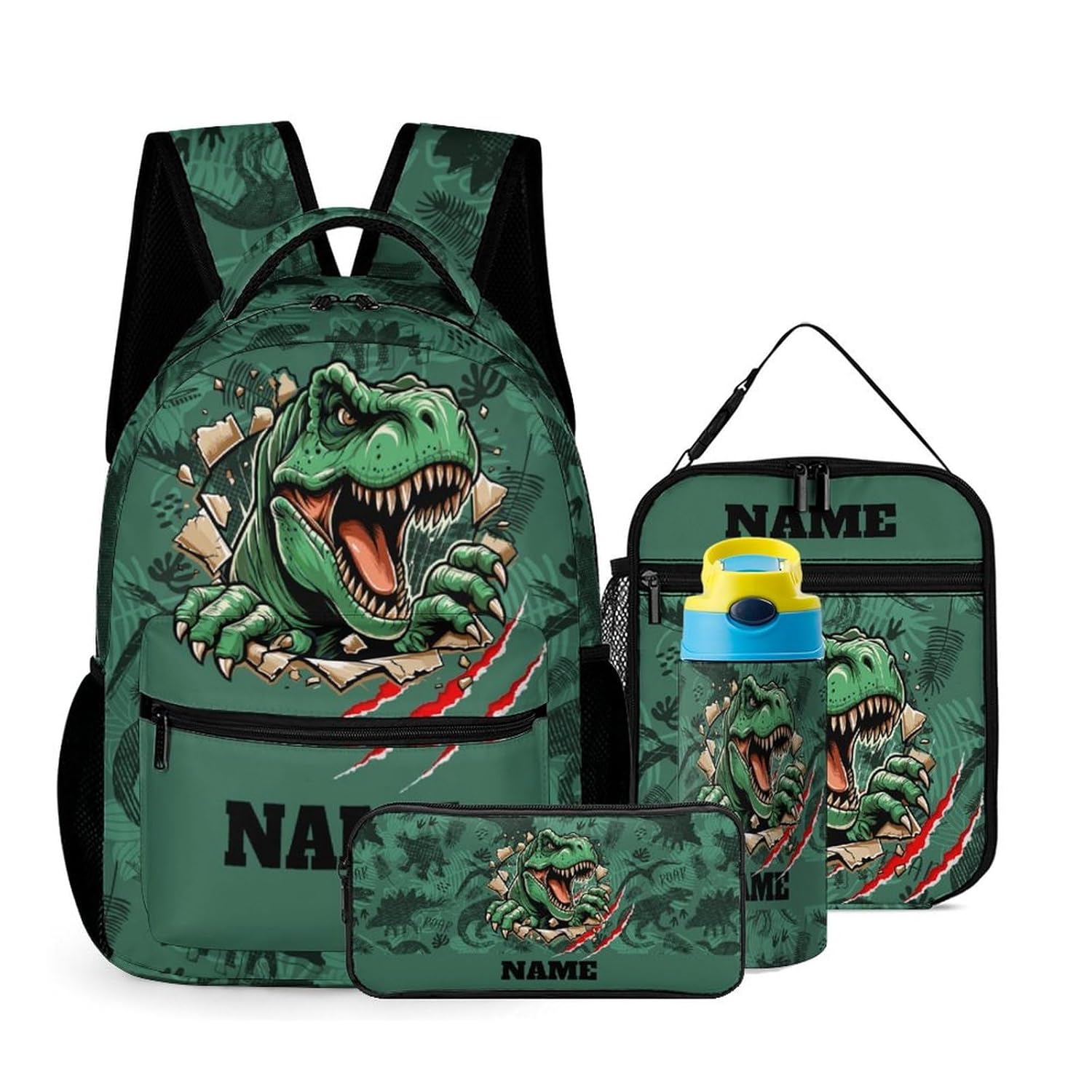 Custom Green Dinosaur Claw 4Pcs Backpack Set with Lunch Bag Pencil Case Water Bottle Personalized Name Text School