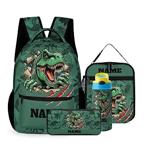 Custom Green Dinosaur Claw 4Pcs Backpack Set with Lunch Bag Pencil Case Water Bottle Personalized Name Text School