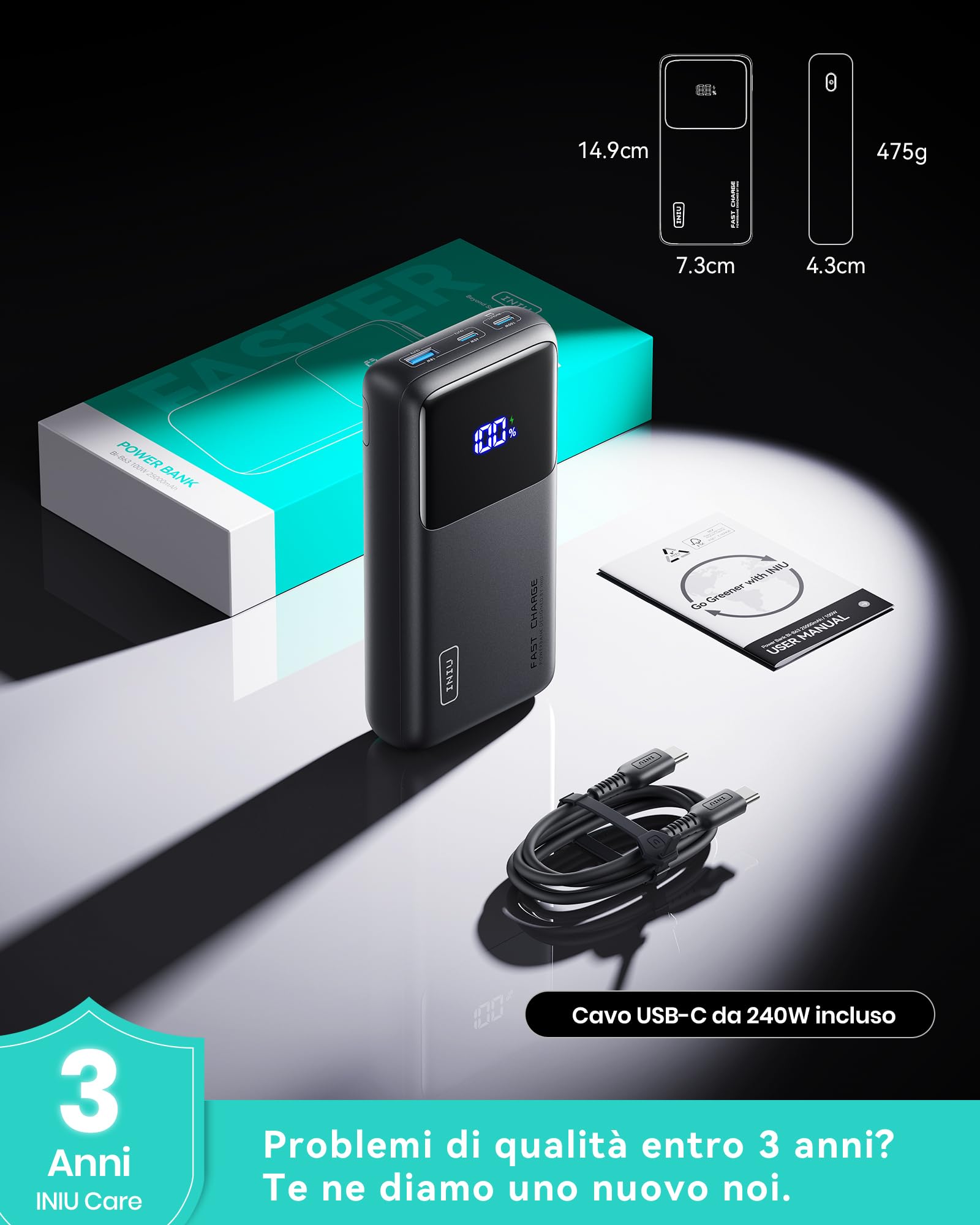 INIU 100W Laptop Power Bank, Piccolo 25000mAh Alta Capacità USB-C Powerbank | 100W USB-C Ricarica Rapida, Caricatore Portatile per MacBook Pro, Steam Deck, iPhone 17 16 15 Pro, Samsung S22, iPad Pro ecc.