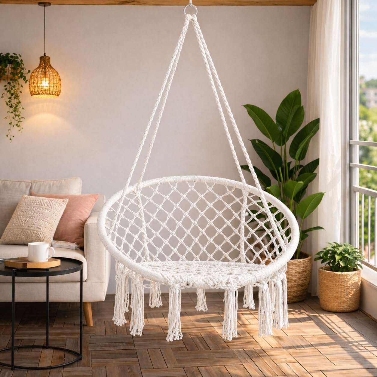 Emirates Living Macrame Hanging White Swing Chair | Boho Rope Hammock Chair for Indoor Outdoor Use, Garden Swing Seat for Balcony, Patio, Terrace & Living Room Décor| White