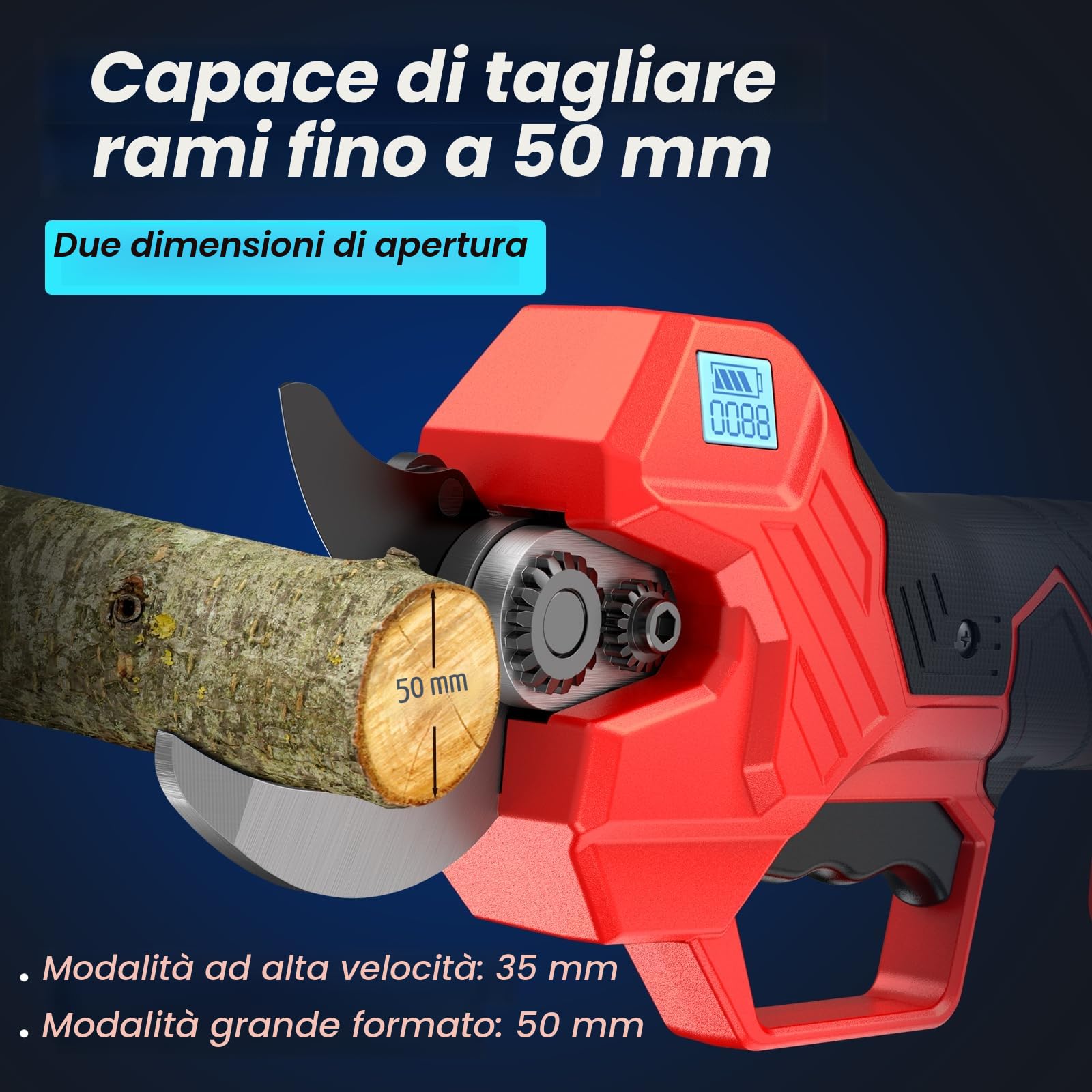 Forbici Potatura a Batteria, 50mm Forbici Potatura con 800W Motore Brushless & Display, 2 Batterie Funzionare per 6-8 ore, Compatibile con batterie Makita da 18 V, per Frutteto,Giardino,Fattoria