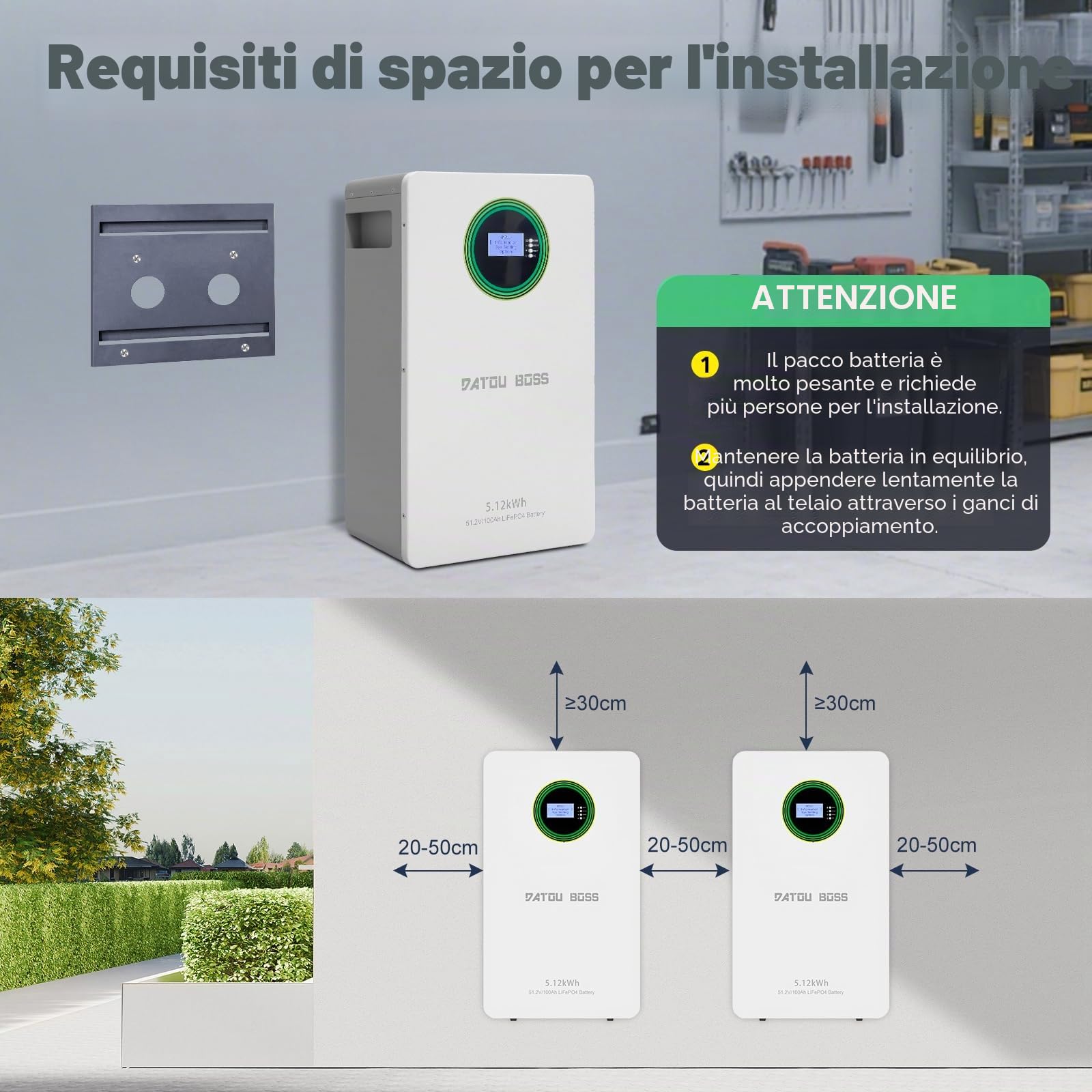 DATOUBOSS Batteria LiFePO4 48V 100Ah a parete, 5120Wh batteria fotovoltaico accumulo, con BMS 100A e display LCD, espandibile in parallelo, per sistemi fotovoltaici, solari e applicazioni off-grid