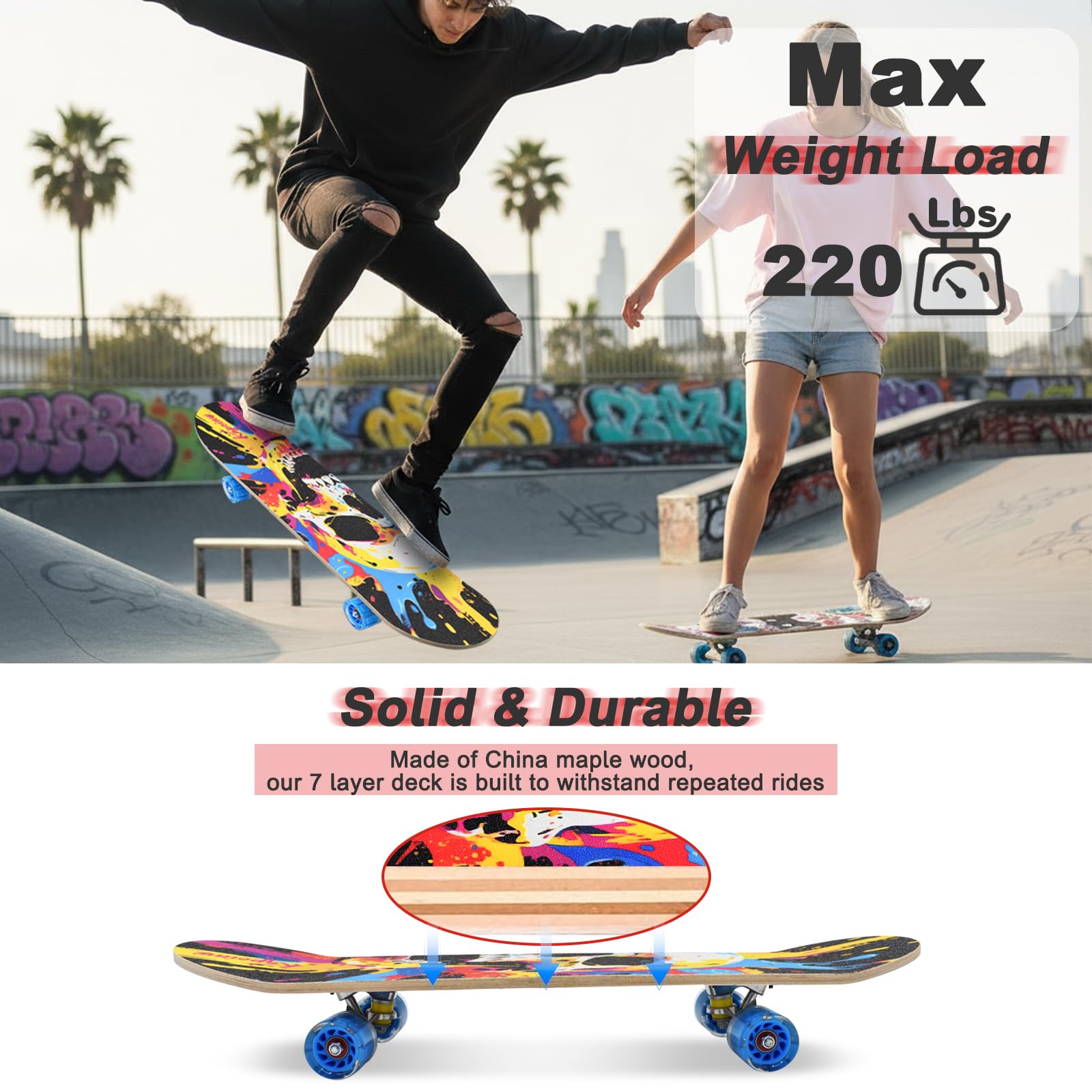 Skateboard standard avec roues clignotantes colorées pour débutants, enfants, adolescents, 7 couches en érable pour filles et garçons, 78,7 x 19,8 cm, double kick concave pour enfants avec
