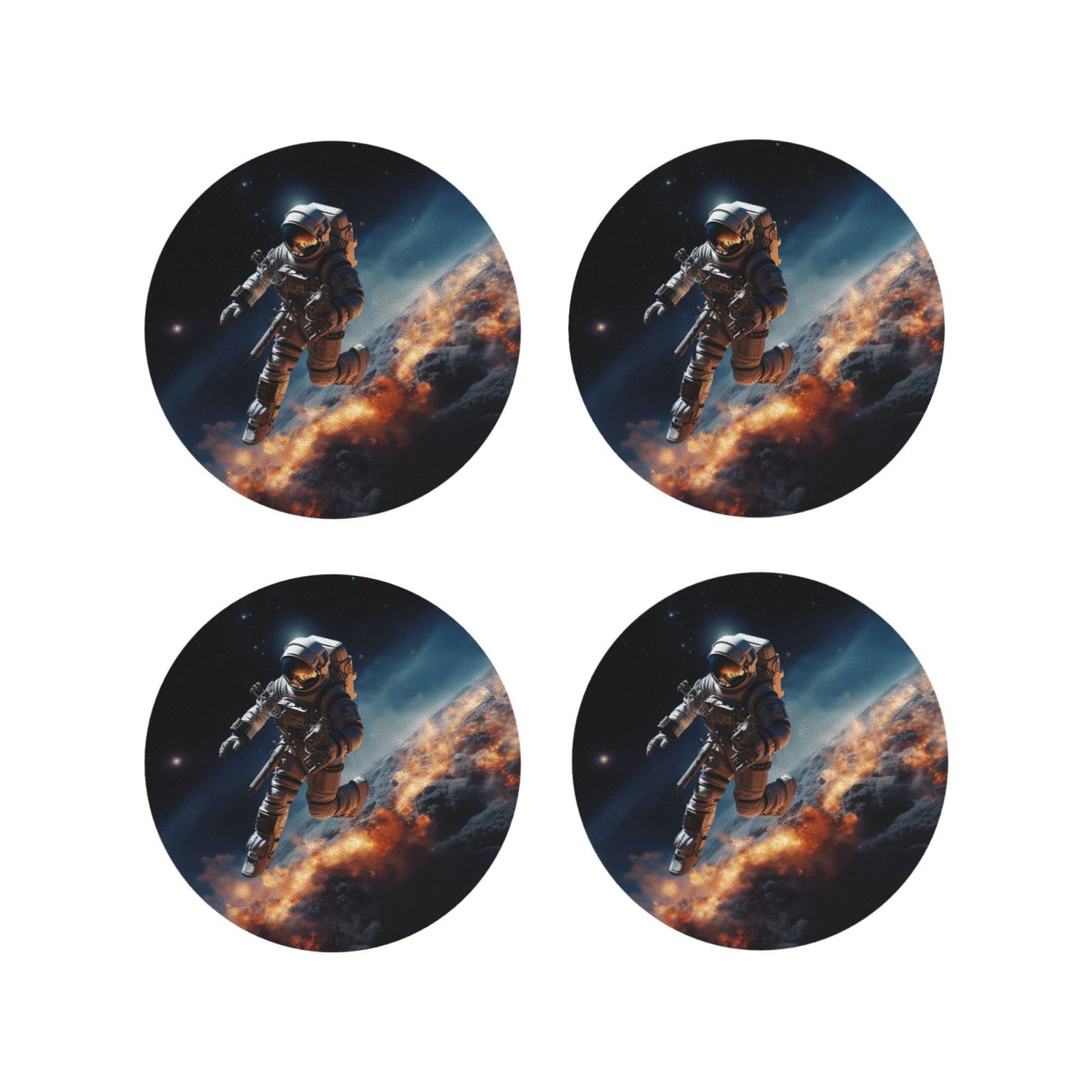 4pcs Drink Coasters for Tabletop Protection, 4" Leather Coasters for Drinks, Astronaut Flying in Space Cup Coasters for Coffee Table Decor, Non-Slip Drinking Cup Mat for Hot Or Cold Drink