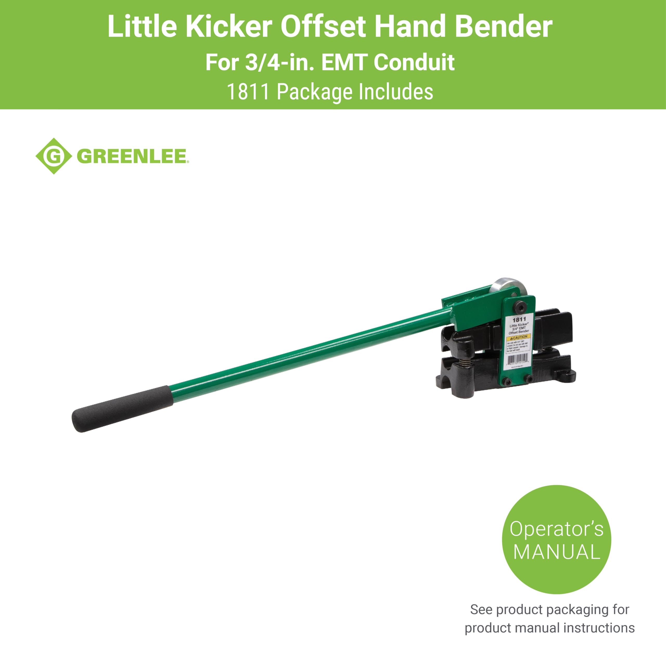 Greenlee 1811 Little Kicker - Dobladora de mano para conducto EMT de 3/4 pulgadas, plateado/verde