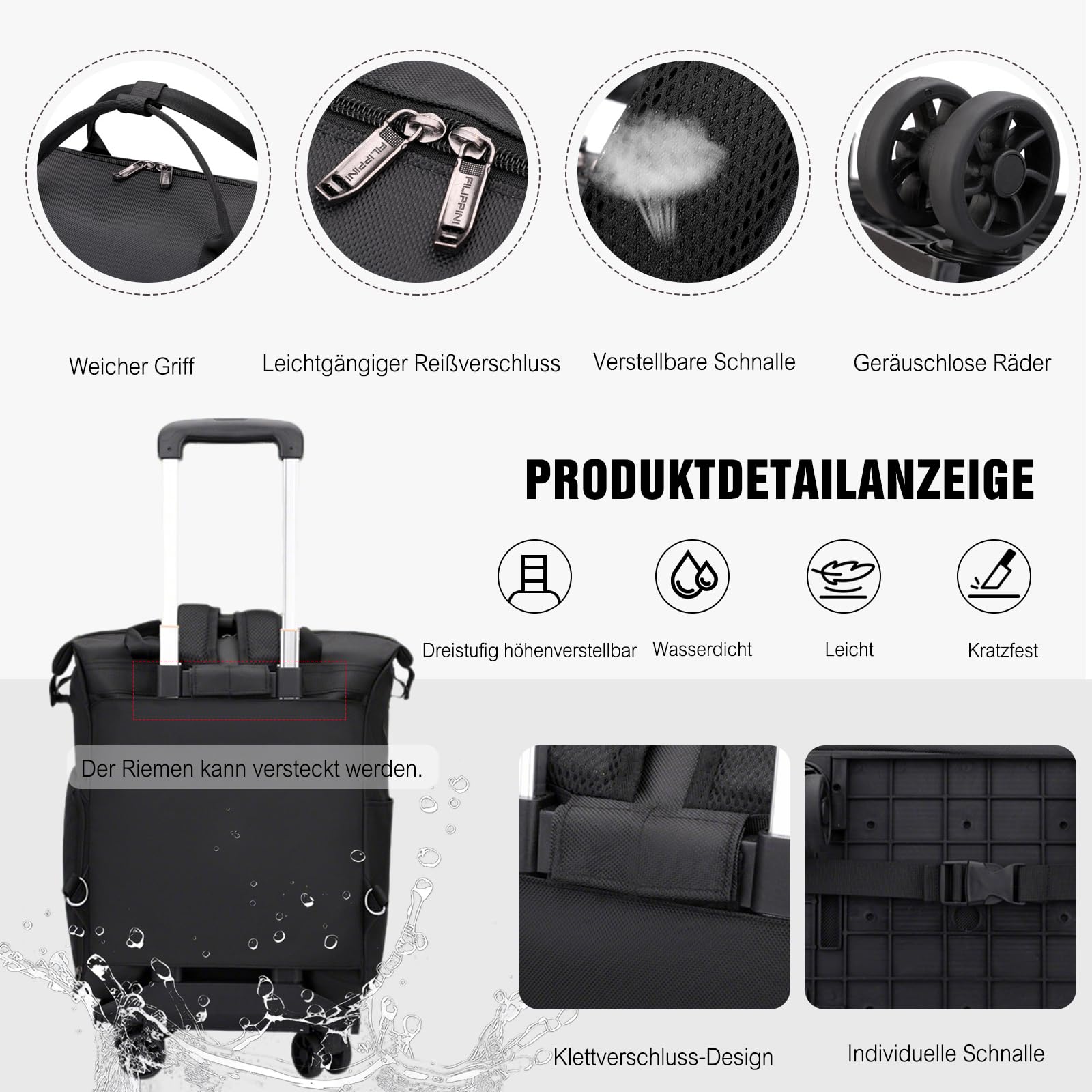 FANDARE 35L Laptop-Trolleys Herren Damen Einkaufstrolley klappbar Rollerrucksack Business Wandlungsrucksack Reiserucksack mit Rollen Trolley-Rucksack Rollen Handgepäck Rolling Aaktenkoffer Blau