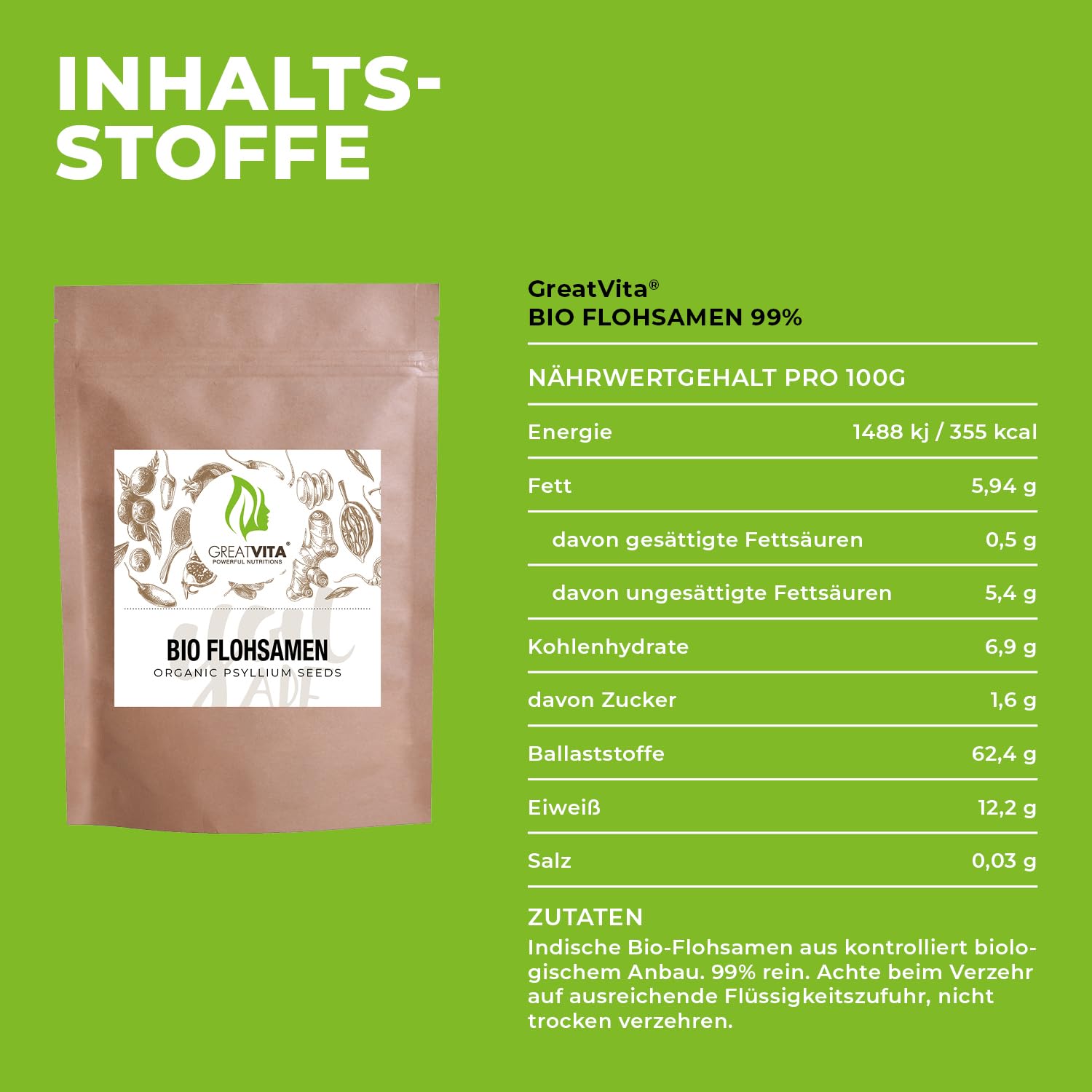 GreatVita Bio Flohsamen 6x 1000g | 99% reine ganze Flohsamen - zertifizierte Bio-Qualität aus Indien | reich an Ballaststoffen & glutenfrei, vegan - ideal für eine gesunde Ernährung
