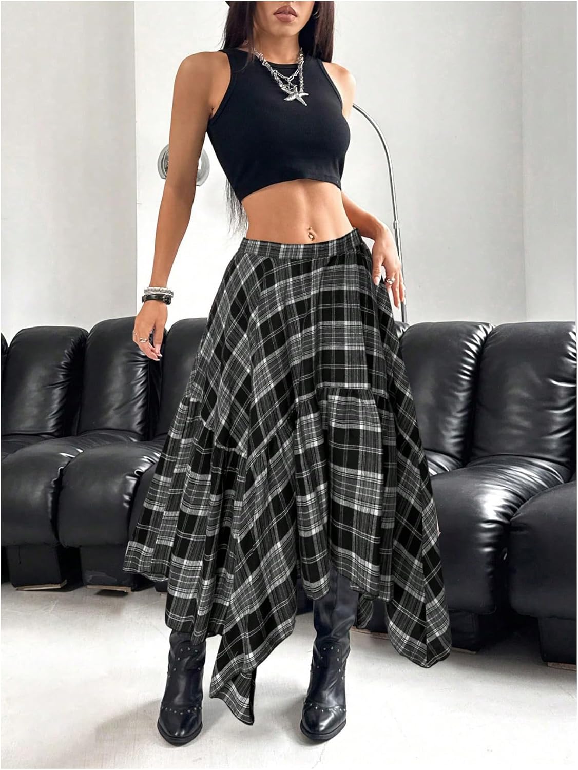 WDIRARA Women's Plus Size Tartan Plaid Uneven Hem Maxi Skirts Y2k A Line Skirt