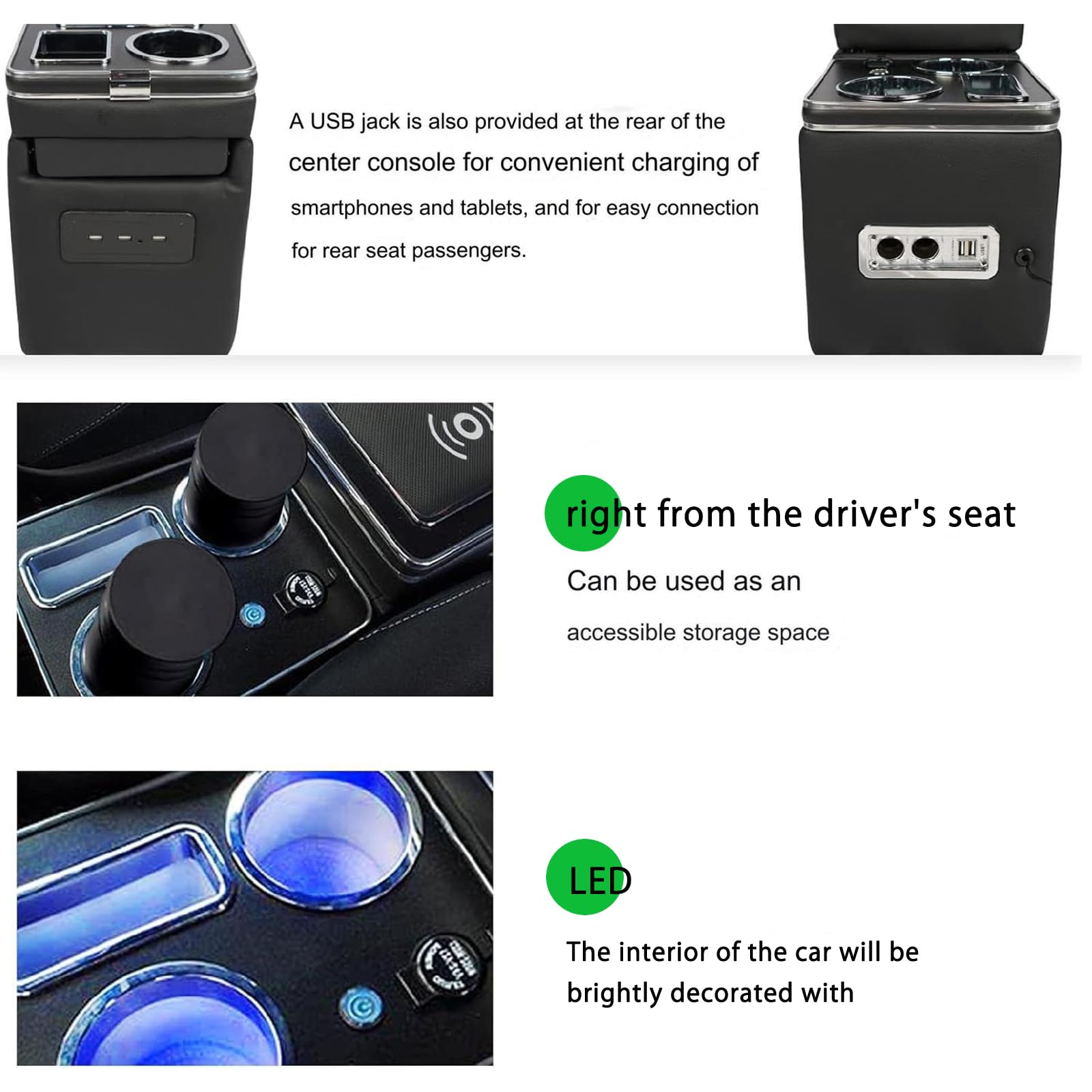 Upgrade Mittelkonsole mit Ablagen Staufach Kompatibel mit VW T4 T5 T6 T6.1 T7 Alle Modelle ab 2003-2019, Schwarz Leder Zubehör mit Kabellosem Induktivem Laden, USB- und LED-Leuchten