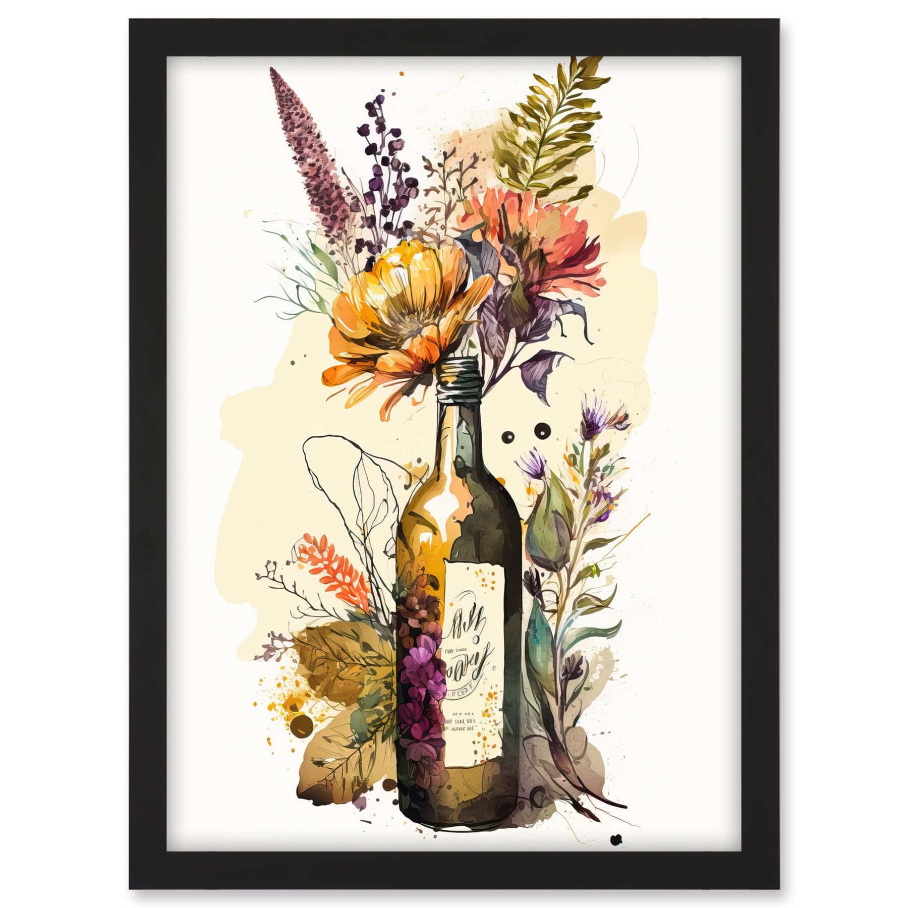 Artery8 Wildflower Bouquet in Upcycled Glass Wine Bottle Artwork Framed A3 Wall Art Print