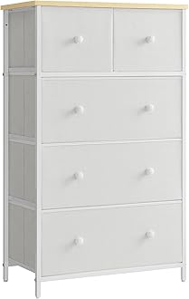 SONGMICS Chest of Drawers, Fabric 5-Drawer Storage Organiser Unit, Dresser, for Living Room, Hallway, Nursery, White and Oak LTS514W57