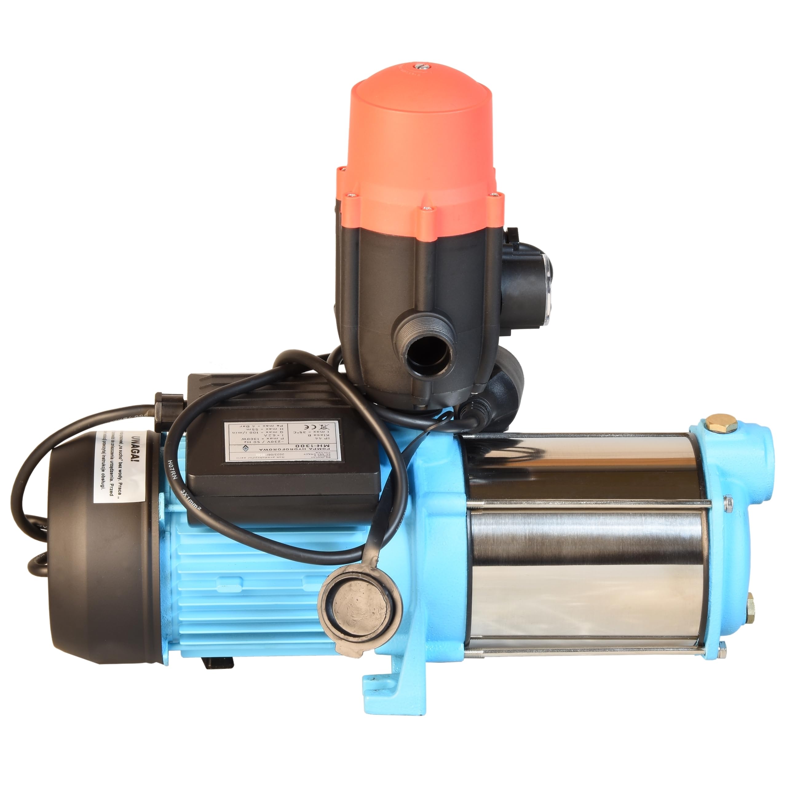 Wasserpumpe MAX-H 1300 mit Elektronische Druckschalter BRIO - Pumpensteuerung - Gartenpumpe (1300 W, 6000 l/h, Förderhöhe 55m) - Gußeisen Edelstahl INOX - Einschaltdruck einstellbar Trockenlaufschutz