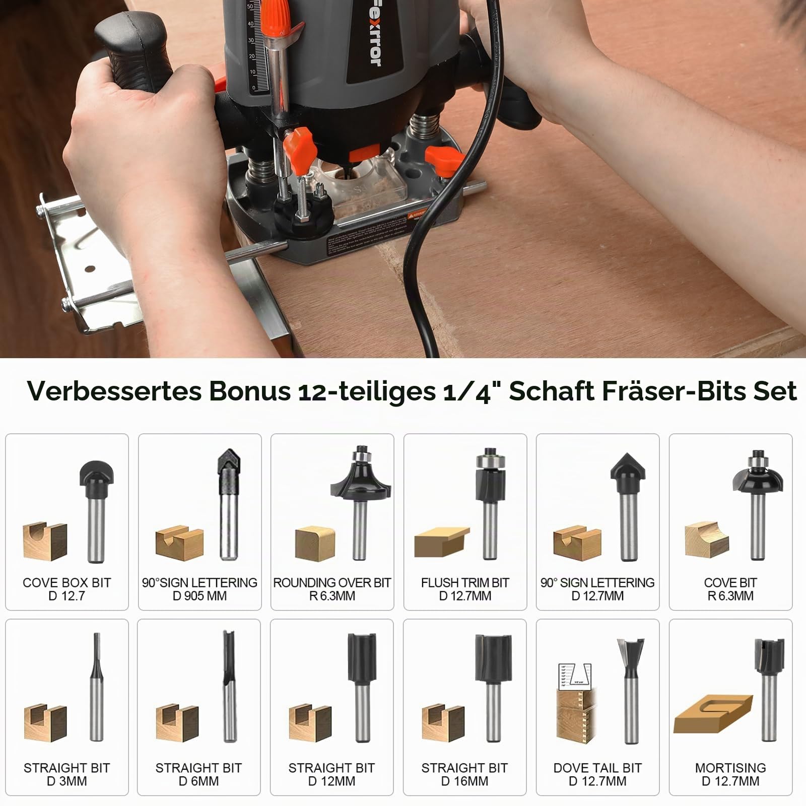 Oberfräse, 1200W Kantenfräse mit 12 Fräsern, 30000 U/min, 55mm Frästiefe, 7 Drehzahlregelung, Parallel Führung, Absaugadapter
