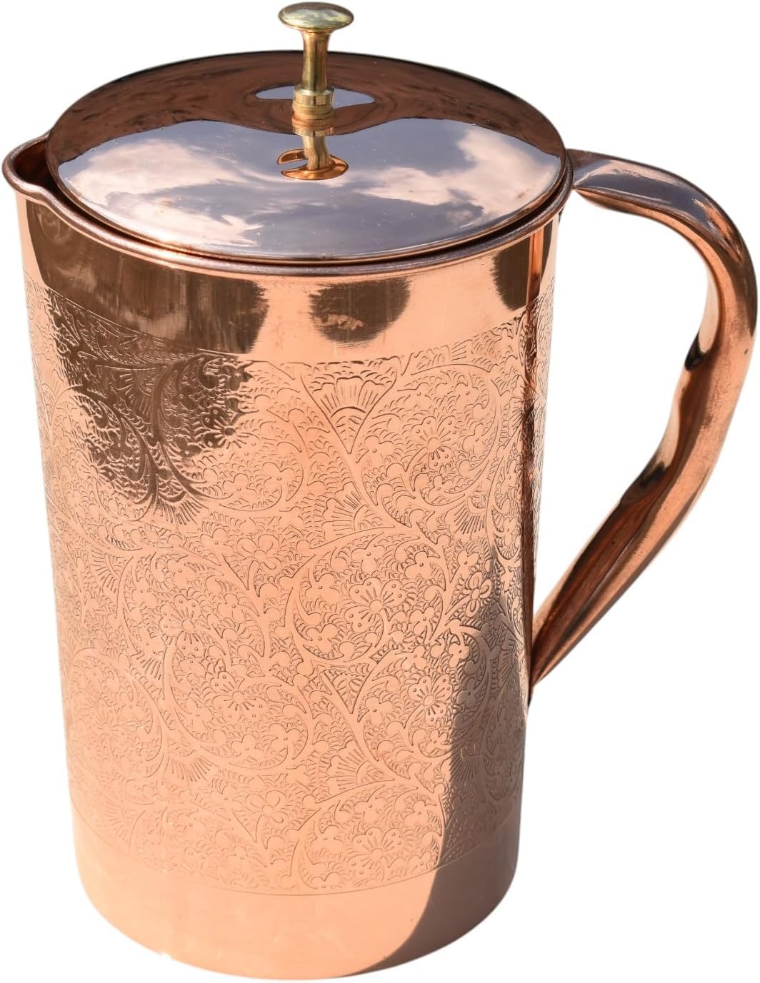 Pure Copper Pitcher for Ayurvedic Health Benefits 1.5 Liter Handcrafted Embossed Copper Water Jug with Matching Lid | for Serving More Water with Family