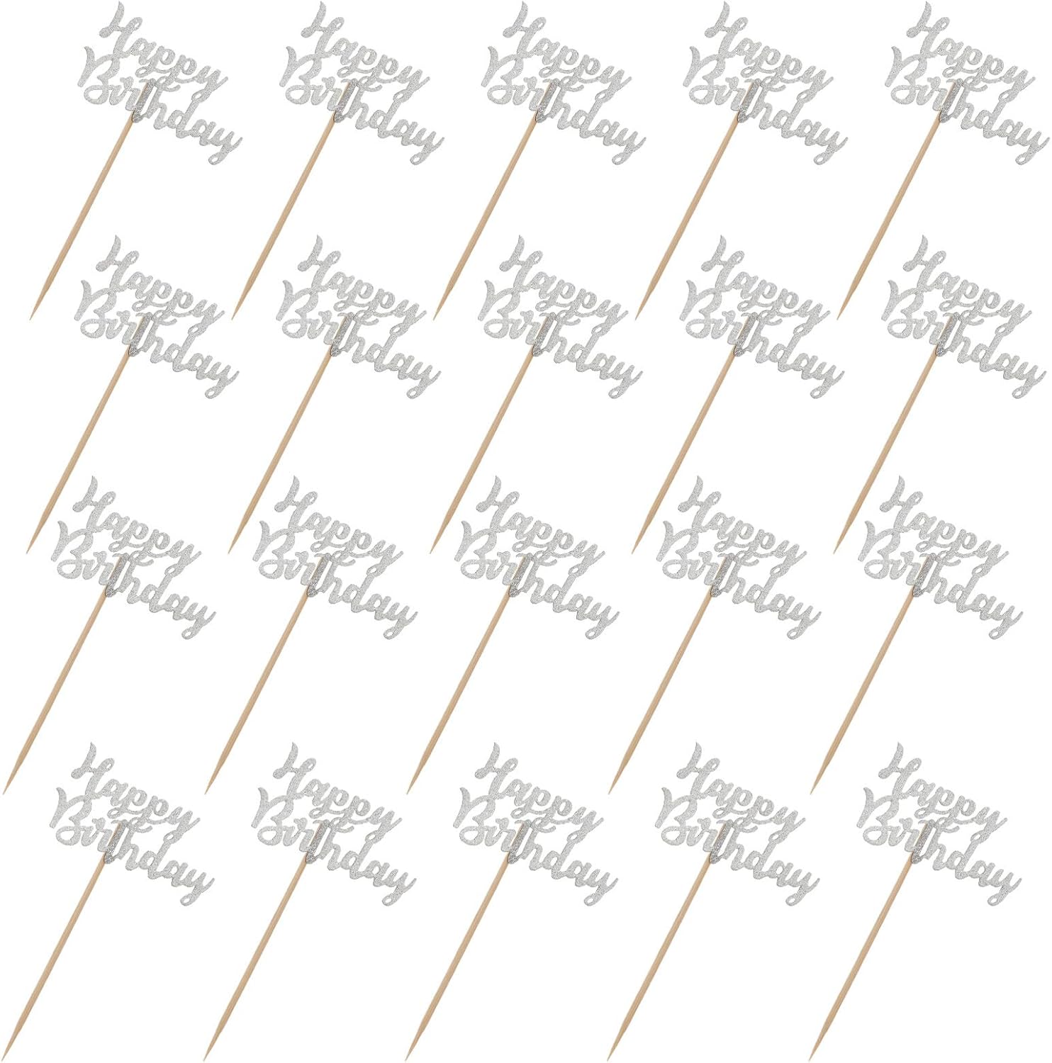 TIDTALEO Birthday Cake Adornments and Cupcake Picks 20Pcs Silver Glitter Happy Birthday Toppers for Party Decorations Non-Edible Decorative Cake Props for