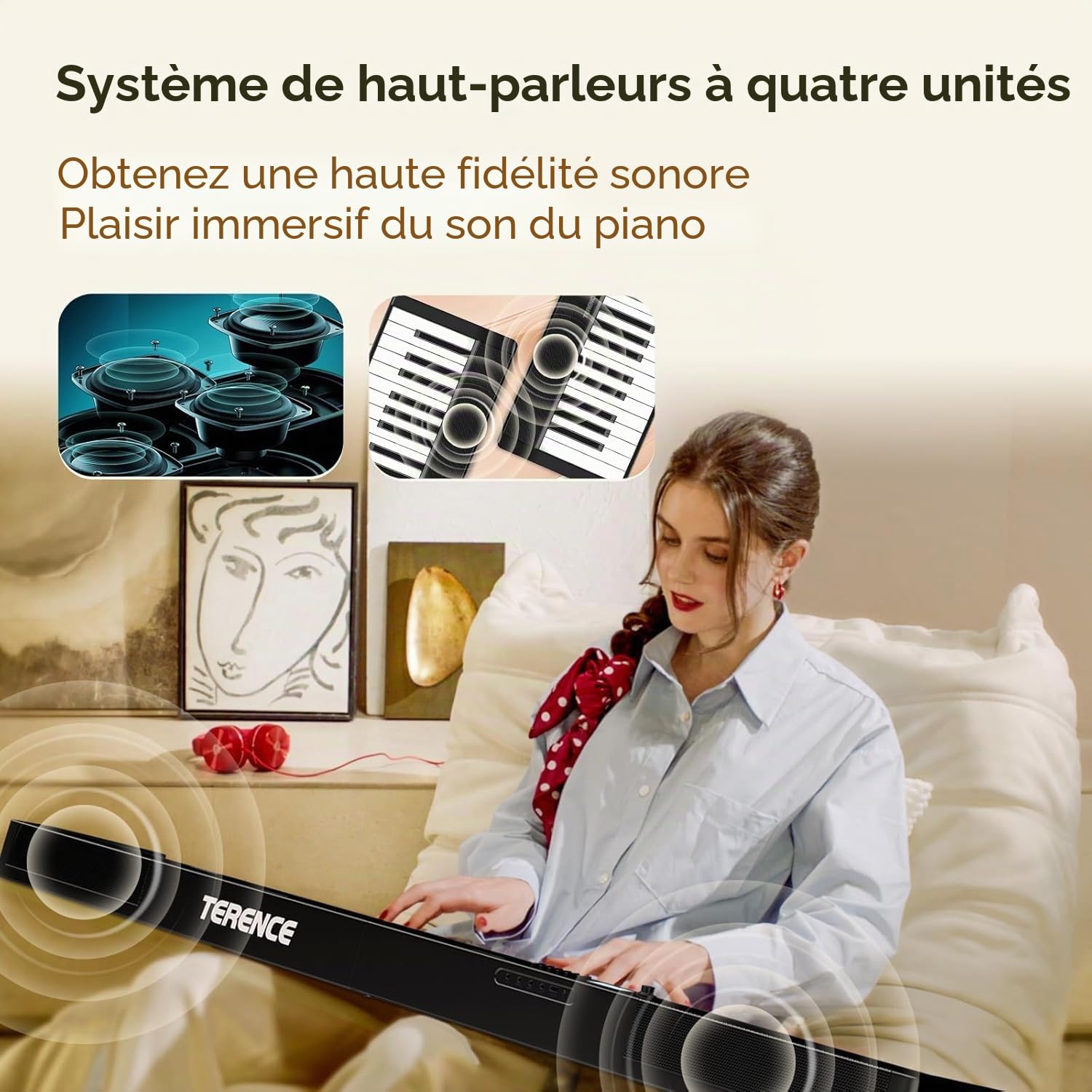 TERENCE Piano Numérique 88 Touches Pliable Piano Électrique avec Touches Lestées Clavier Électronique Bluetooth MIDI Haut-parleurs 2x5W Batterie 1800mAh Pédale de Sustain Sac de Transport Câble Audio