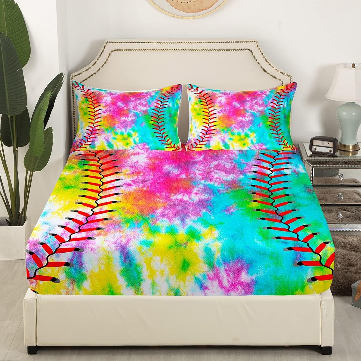 Kids Baseball Bedding Set Boys Girls Softball Sports Game Bed Sheet Set Girly Colorful Tie Dye Fitted Sheet Teens Men Baseball Gaming Bed Cover Rainbow Room Decor Queen Size 4Pcs Bedding Sheet