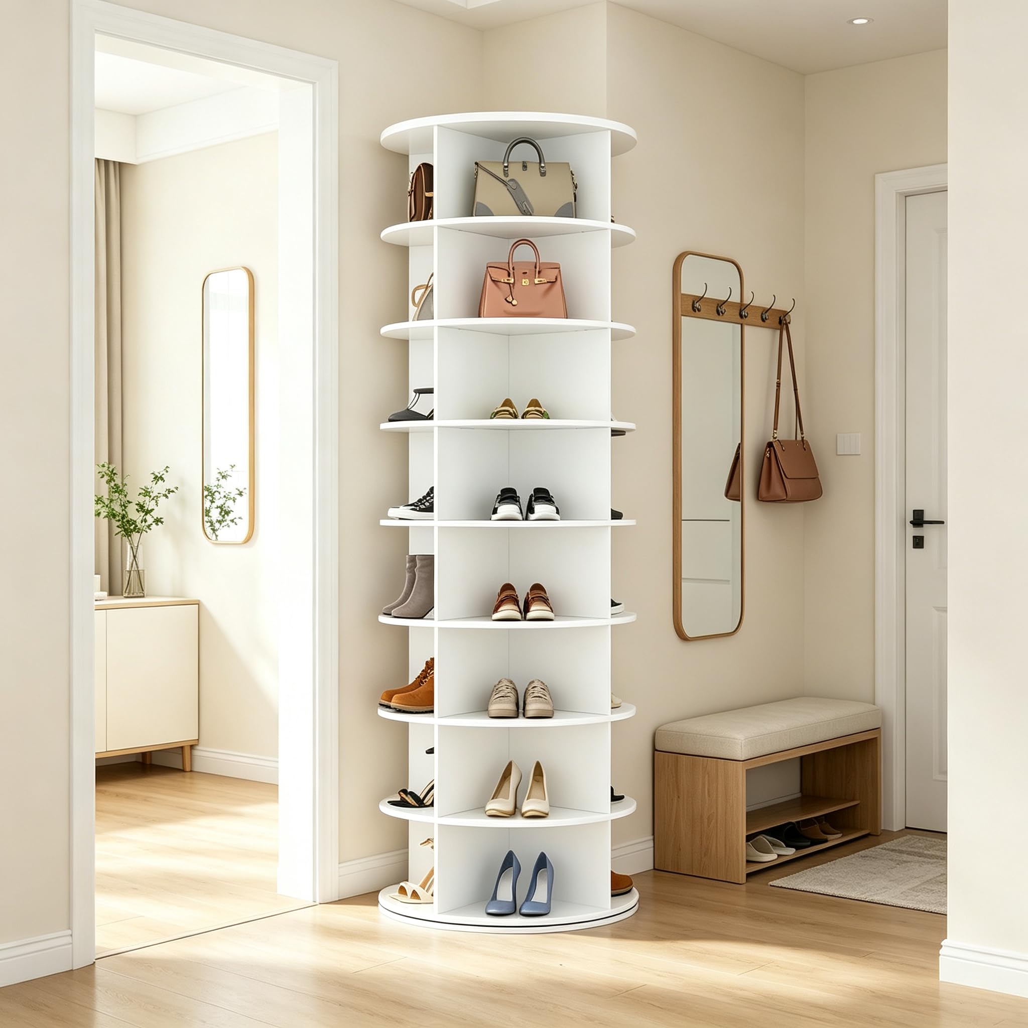 YODOLLA 8-stöckiges drehbarer Schuhregal, Weiß | platzsparender Aufbewahrungsständer für Schuhe & Taschen, ideal für Wohnzimmer, Flur & Schlafzimmer