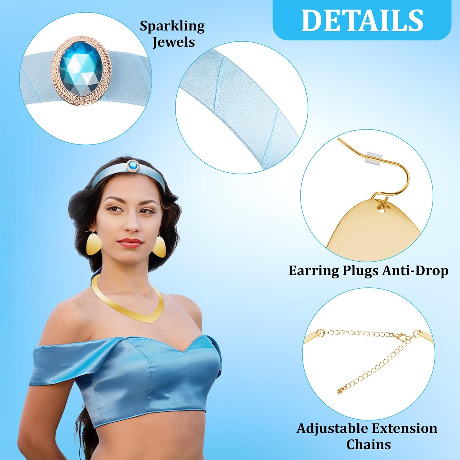 Arabian Princess Costume Set for Women Girls Halloween Cosplay Princess Dress Up Headband Hair Ties - Image 4