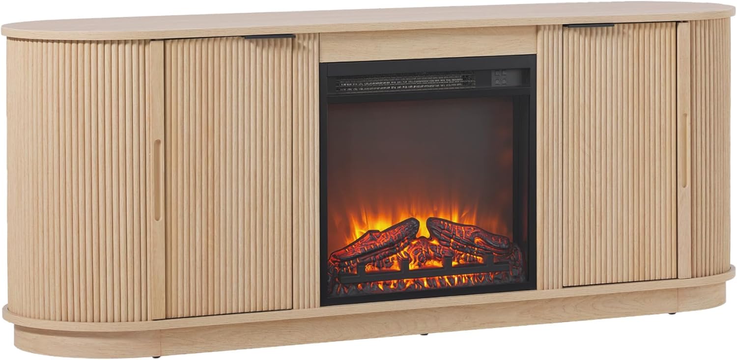 Walker Edison Chloe Reeded TV Stand with Fireplace Insert