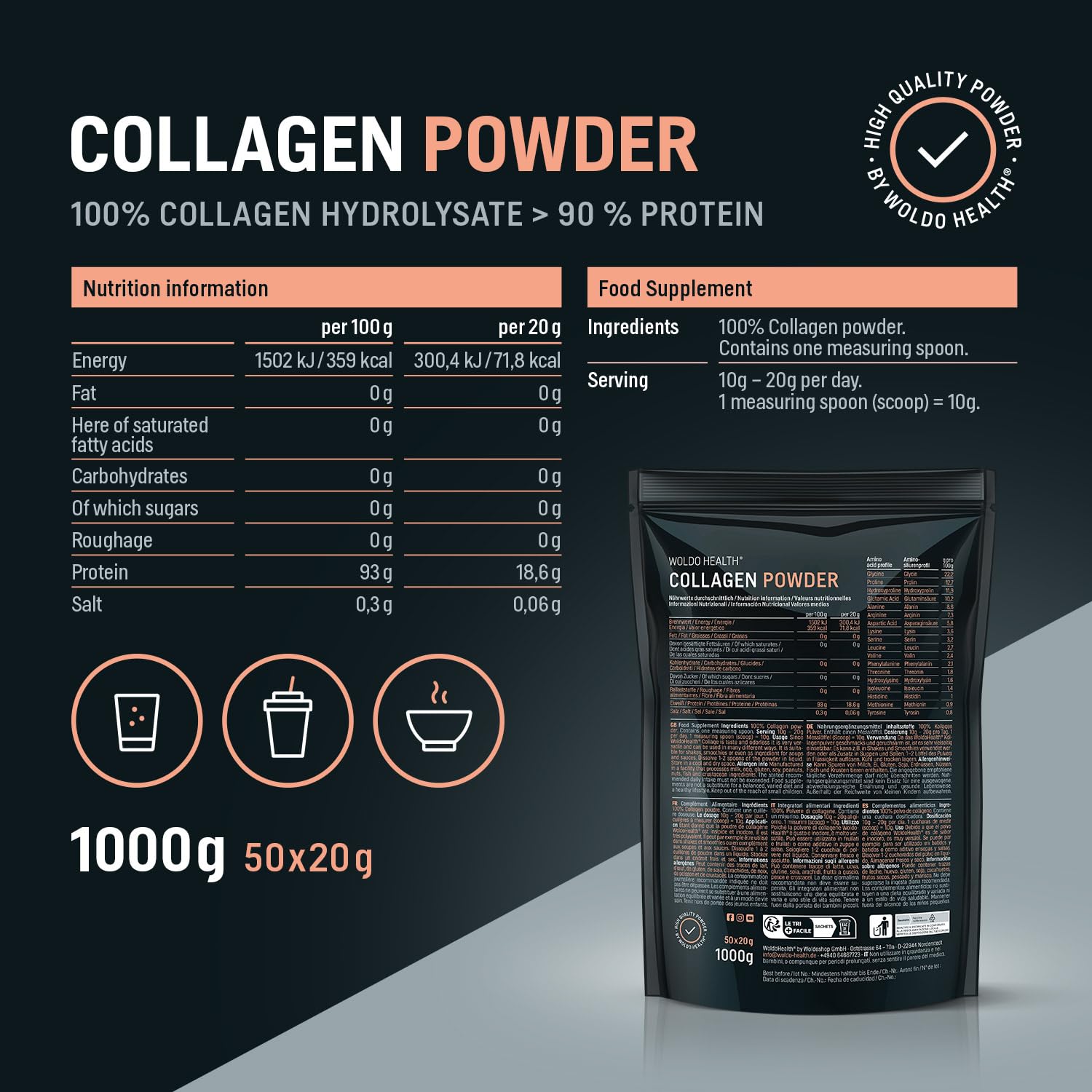 WoldoHealth Colágeno en Polvo de Vacas Criadas en Pastoreo Hidrolizado 1 kg - Proteína Soluble en Agua y Sin Sabor