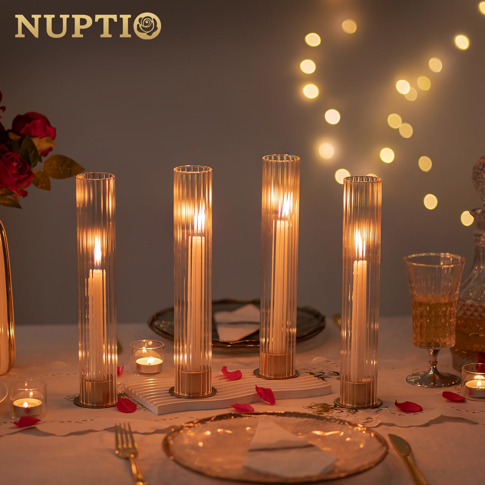 NUPTIO Cilindro de Vidrio Velas Portavela de Palo Dorado 10 Piezas Sin Fondo Decoración de Mesa de Bodas