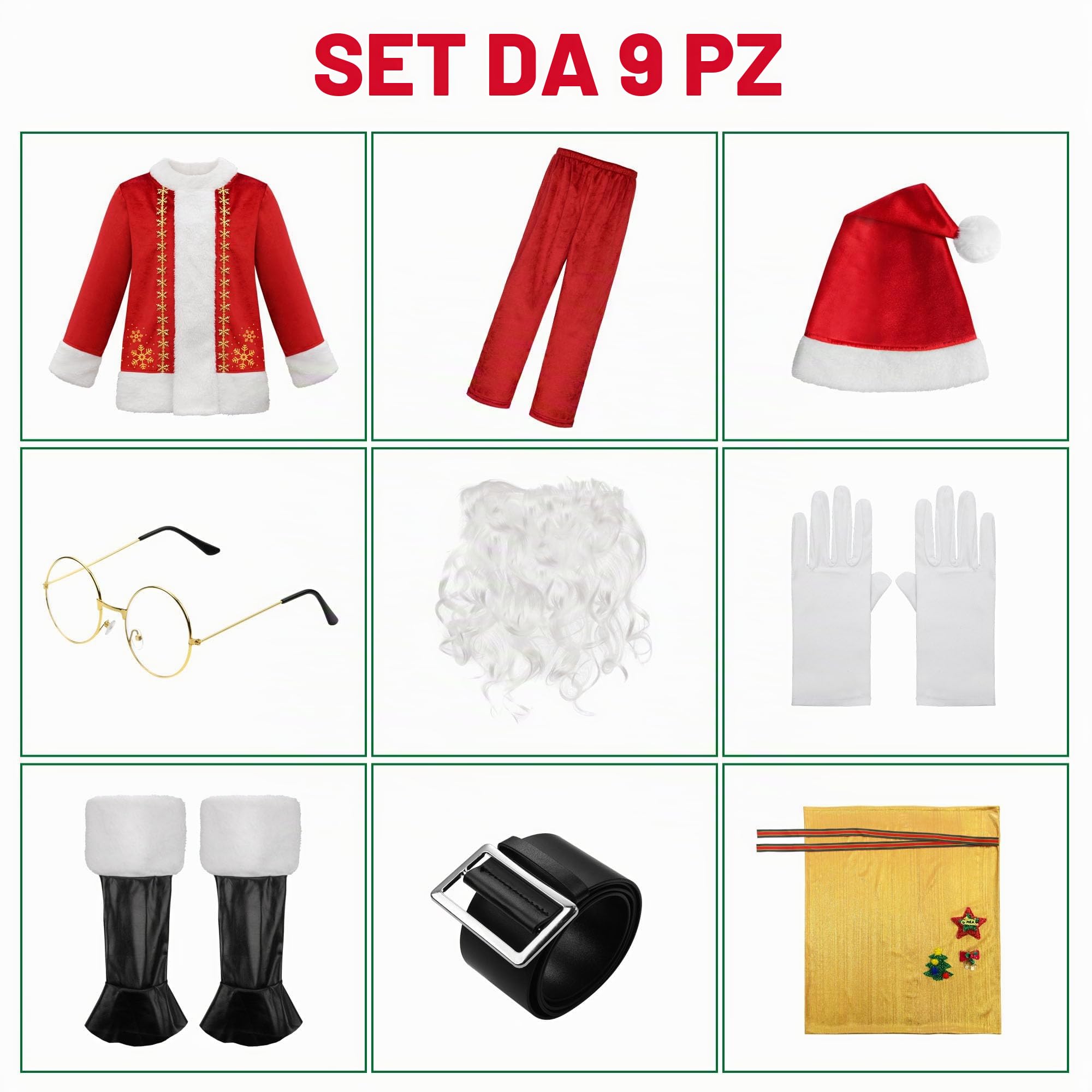 ReliBeauty Vestito Babbo Natale Bambino, Set Completo 9 Pezzi in Velluto, Costume Natale e Halloween