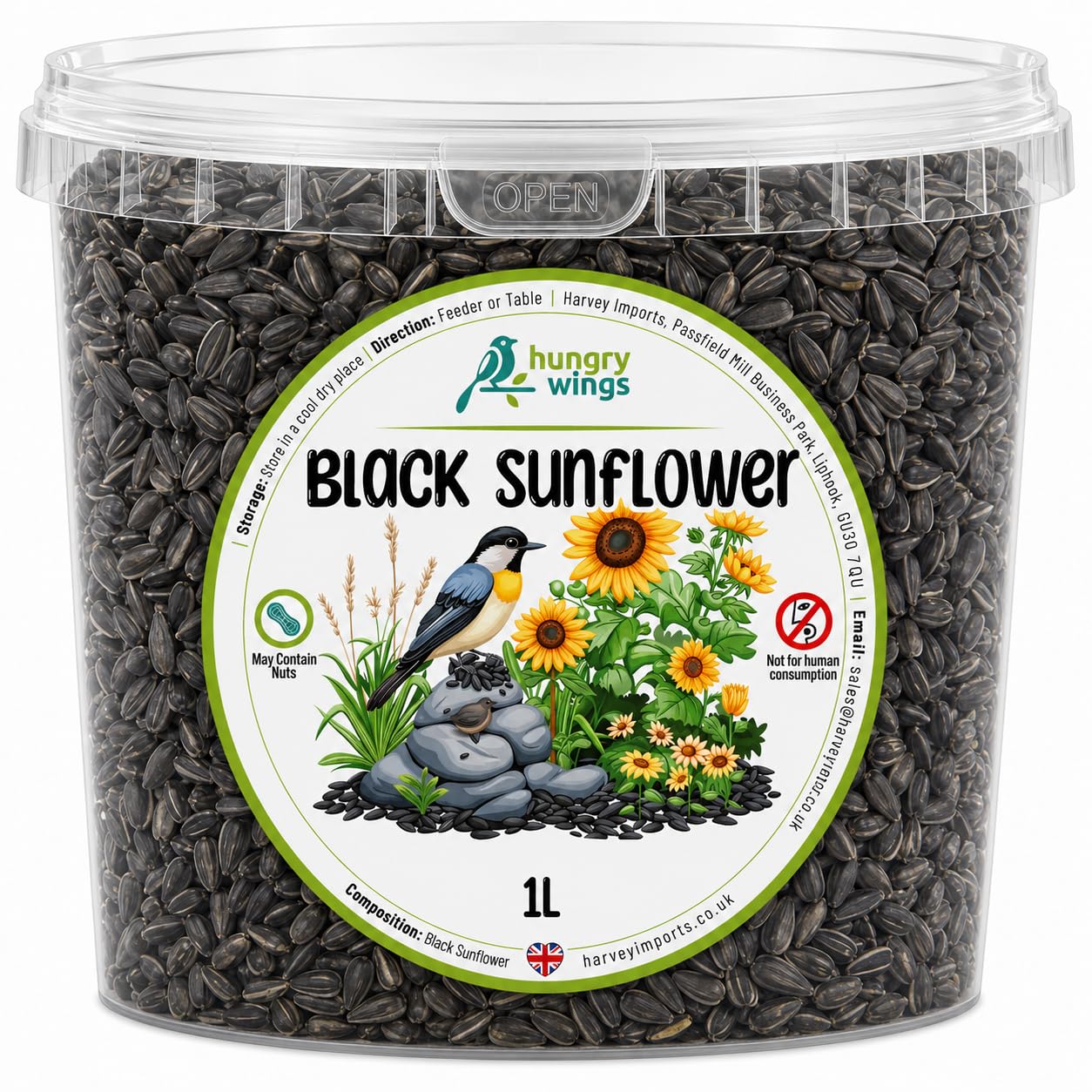 Hungry Wings Black Sunflower Seeds 1L Tub | High Energy Wild Bird Food Premium