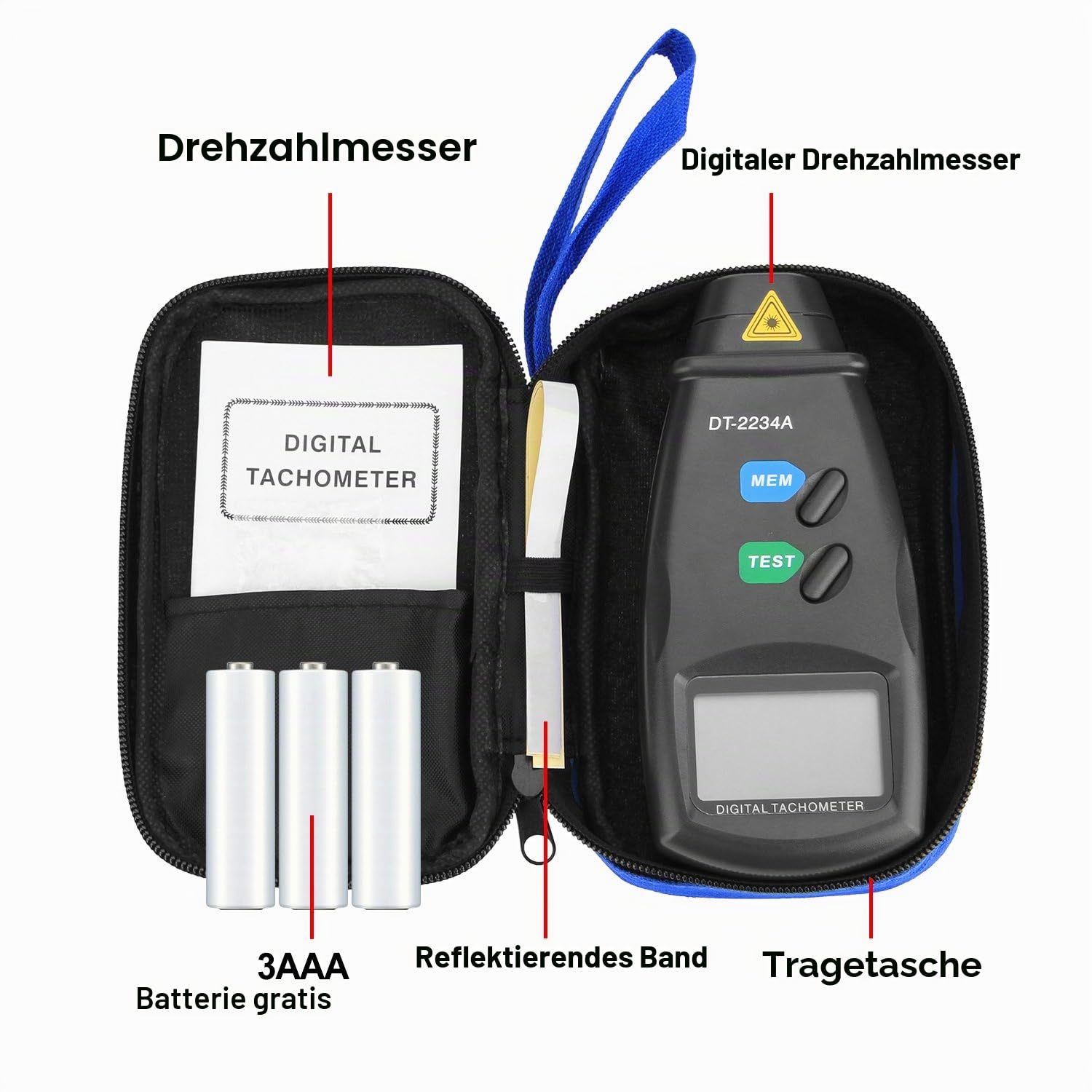 FITNATE 20713A Digitaler Drehzahlmesser, berührungsloses Rotationsfoto, Genauigkeit von 2,5 bis 99.999 U/min, inkl. Batterien, 3 Packungen reflektierendes Klebeband mit Tragetasche