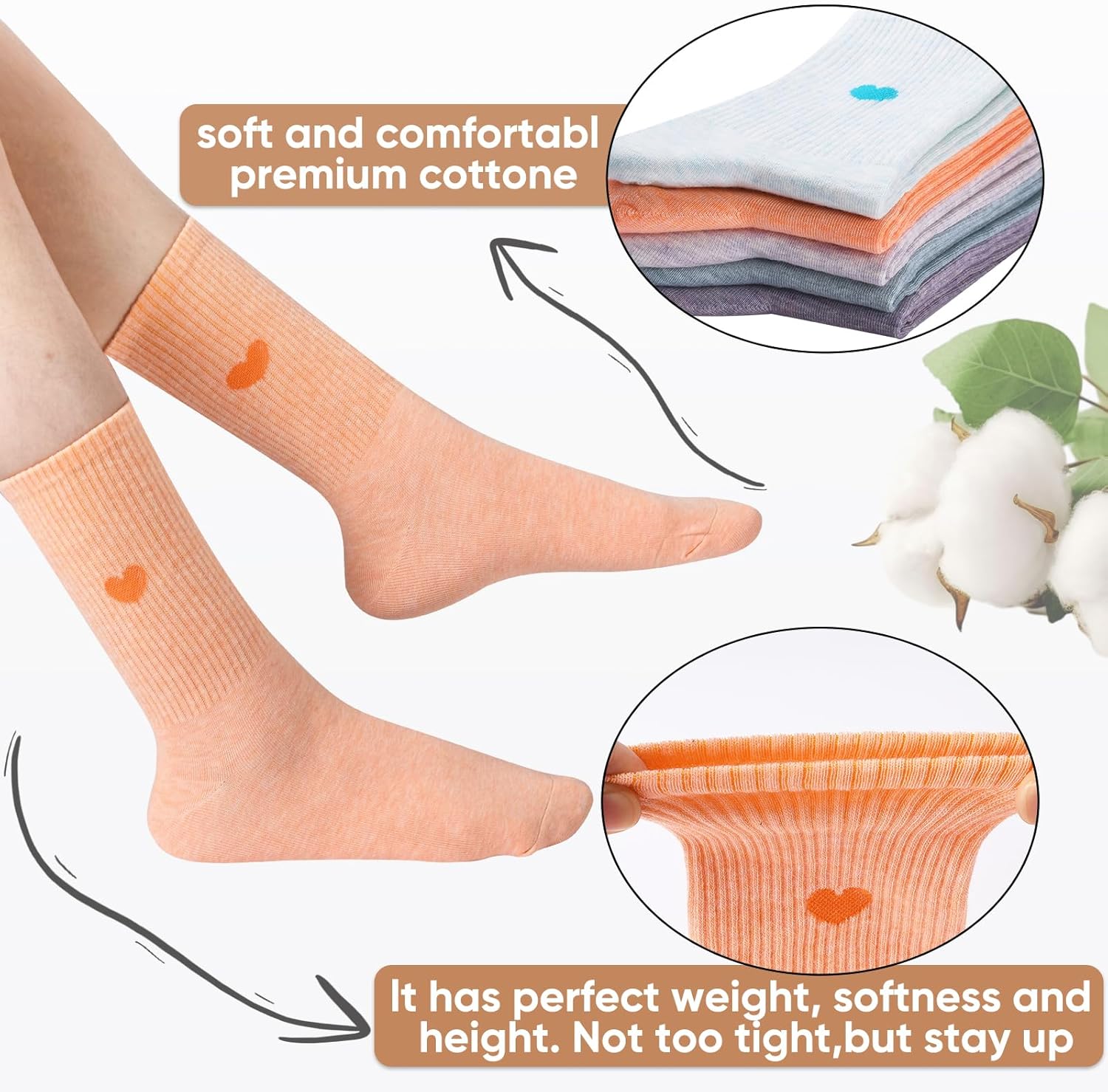 Corlap Women's Cute Cotton Crew Athletic Running Socks - Ankle High, Novelty Fun Heart Design 5-Pairs (Gift Box) - Image 5