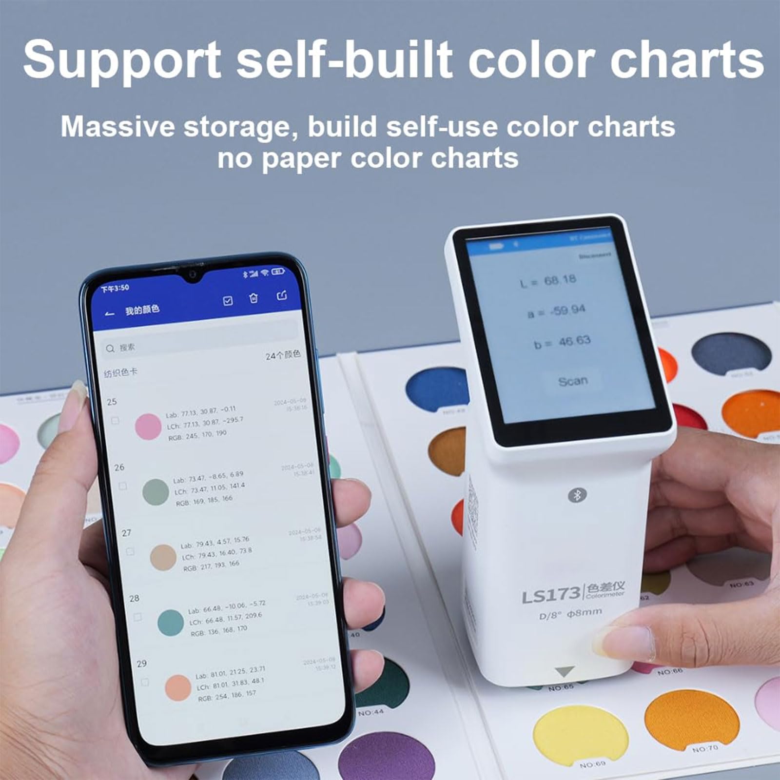 Colorimetro portatile e spettrofotometro con grafici a colori elettronici, app mobili e software per PC per varie applicazioni industriali
