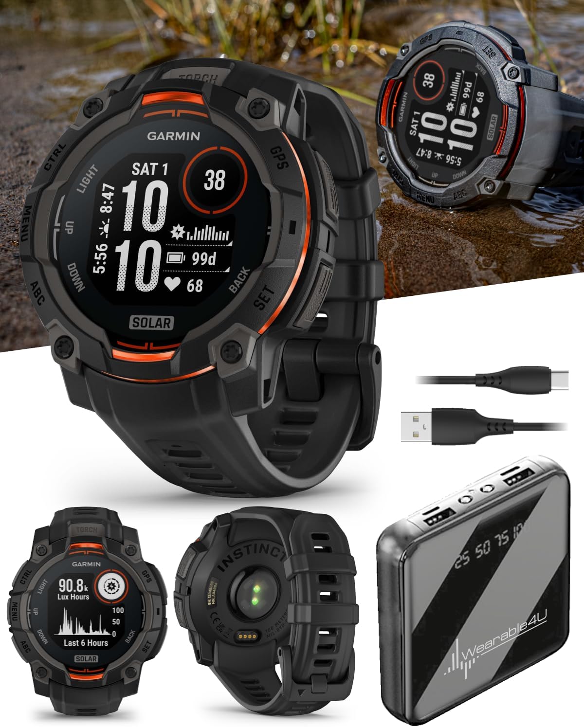 - Garmin Instinct 3 Solar 45 mm, Rugged Outdoor GPS Smartwatch, Metal-Reinforced Bezel, Built-in Flashlight, Up to 28 Days of Battery Life, Black with Black Band Bundle