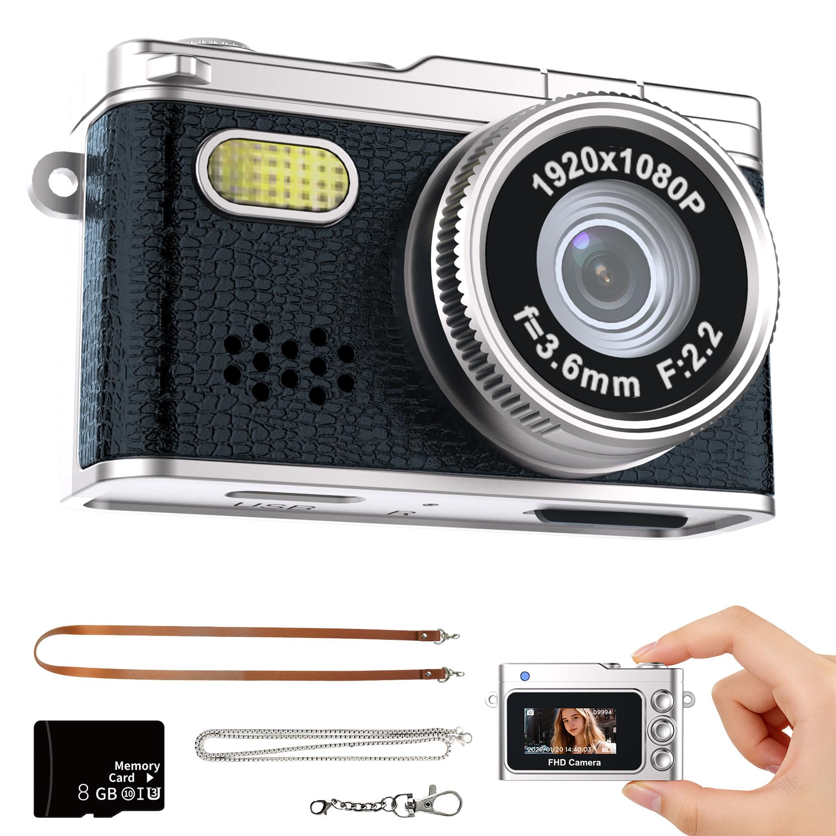 Mini Digital Camera with 0.96 in LCD Screen 1080P 8GB Card Feel of Old 90s Photographs, Keychain Size, Birthday Gifts (Black)