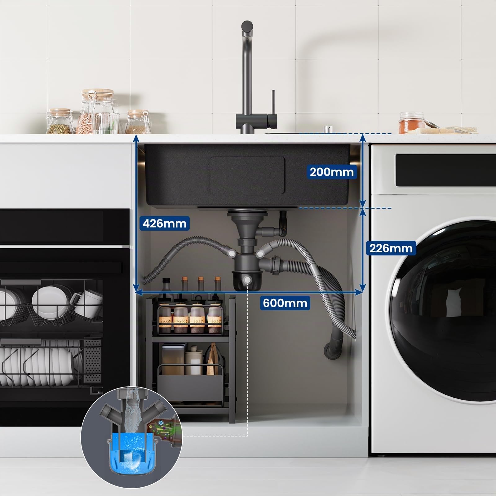 CECIPA 60x49 cm Lavello Nero 1 Vasca in Acciaio Inox, Lavandino Cucina 1 Vasca con Dispenser Sapone e Cestello, Lavello Cucina per Mobile da 60cm, da Incasso o Banco, con Sifone e Scarico