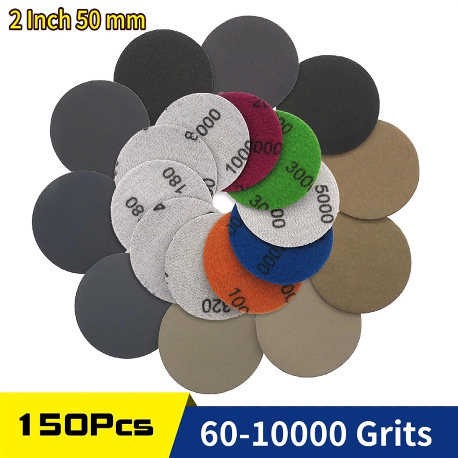 150Pcs/Set 2 Inch Sandpaper 50mm Sanding Discs Hook Loop Wet/Dry 60-10000 Grit(80)