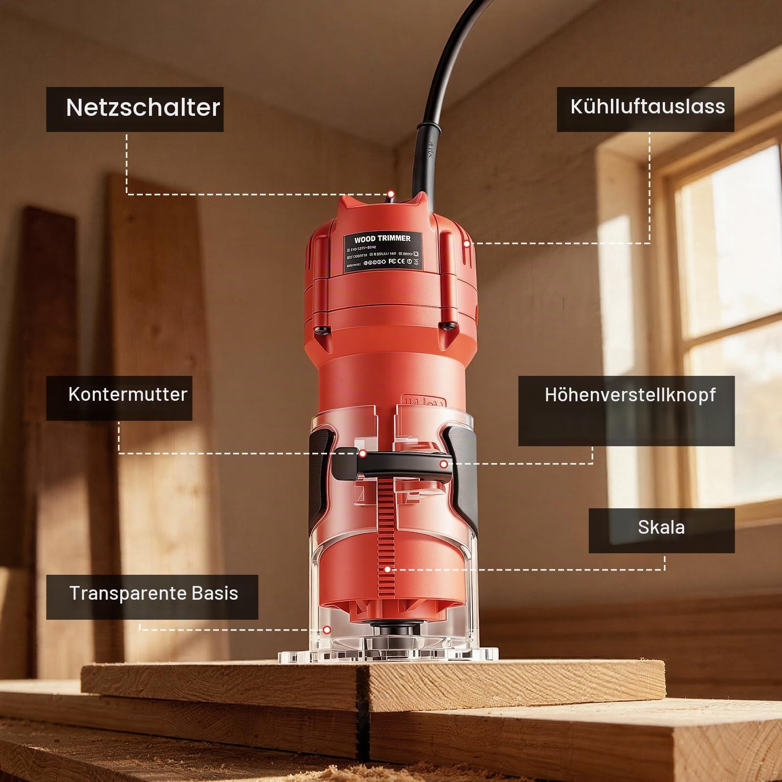 Oberfräse Trimmer 800W, 30000 U/min Einhandfräse Kantenfräse Holz Multifunktionsfräse, Handfräsmaschine mit 15-tlg. Hartmetall Fräser Set (6,35mm) für Holzbearbeitung & DIY
