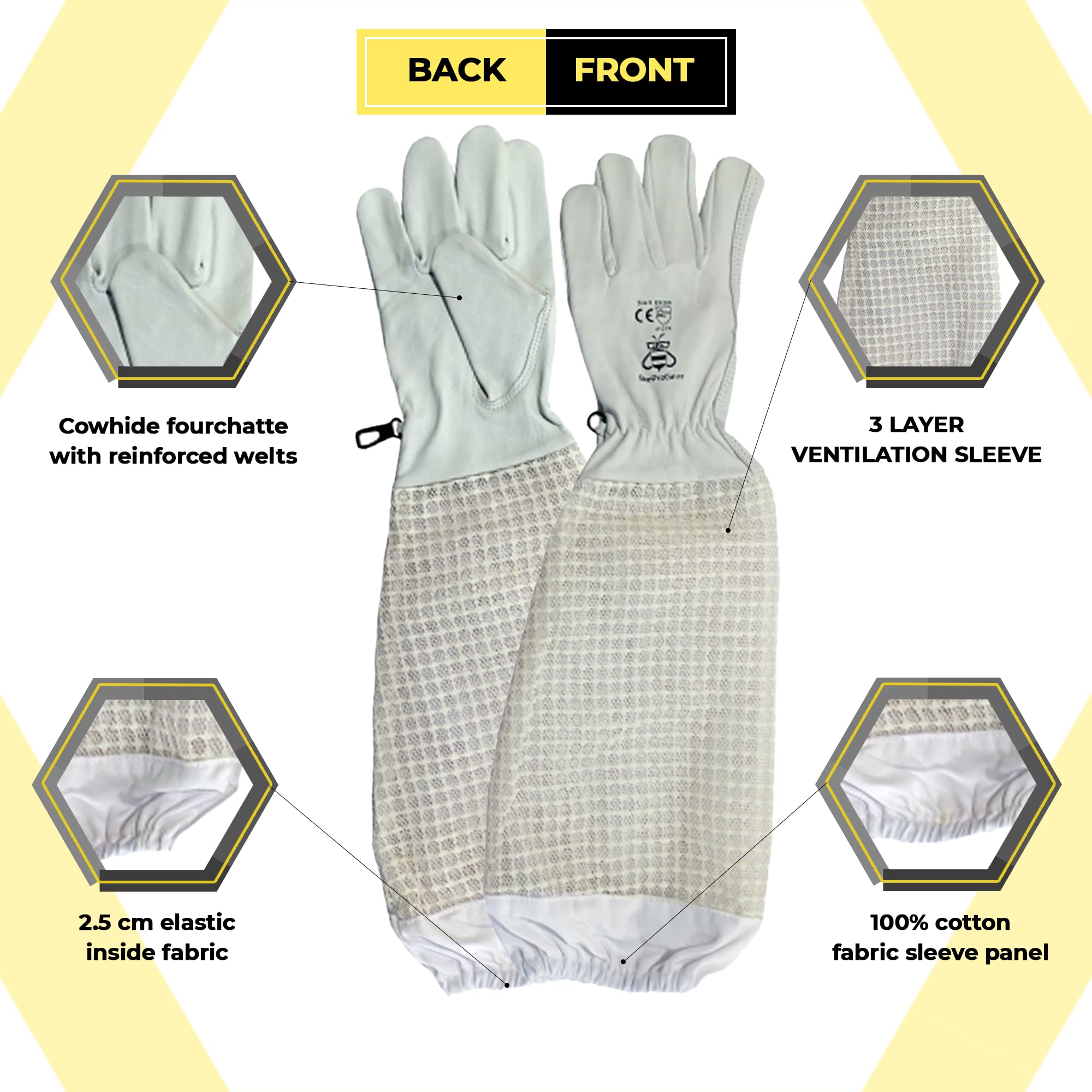 FOREST BEEKEEPING SUPPLY Goatskin Leather Beekeeper's Glove With Long Canvas Sleeve & Elastic Cuff Large - View #5