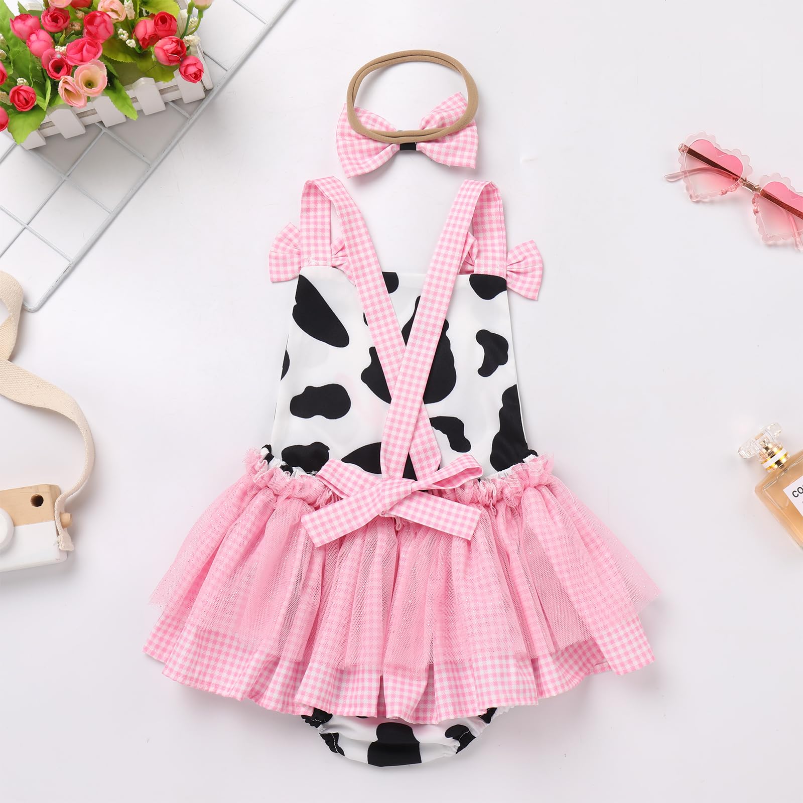 Infant Newborn Baby Girl Romper Dress Toddler First Birthday Cake Smash Outfits One Year Cow Print Bubble Romper Photography Outfits Kids Easter Baptism Onesie Pink Cow (2PCS) 12-18 Months