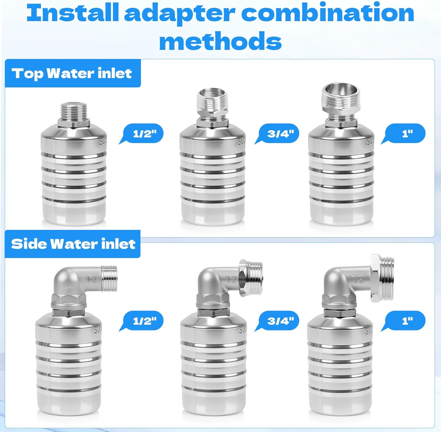 2 PCS Float Valve with 1/2", 3/4", 1" Adapters -304 Stainless Steel Water Float Valve Fully Automatic Water Level Control for Water Tanks, Aquariums, Livestock Troughs,Pools,Distillers & Ponds