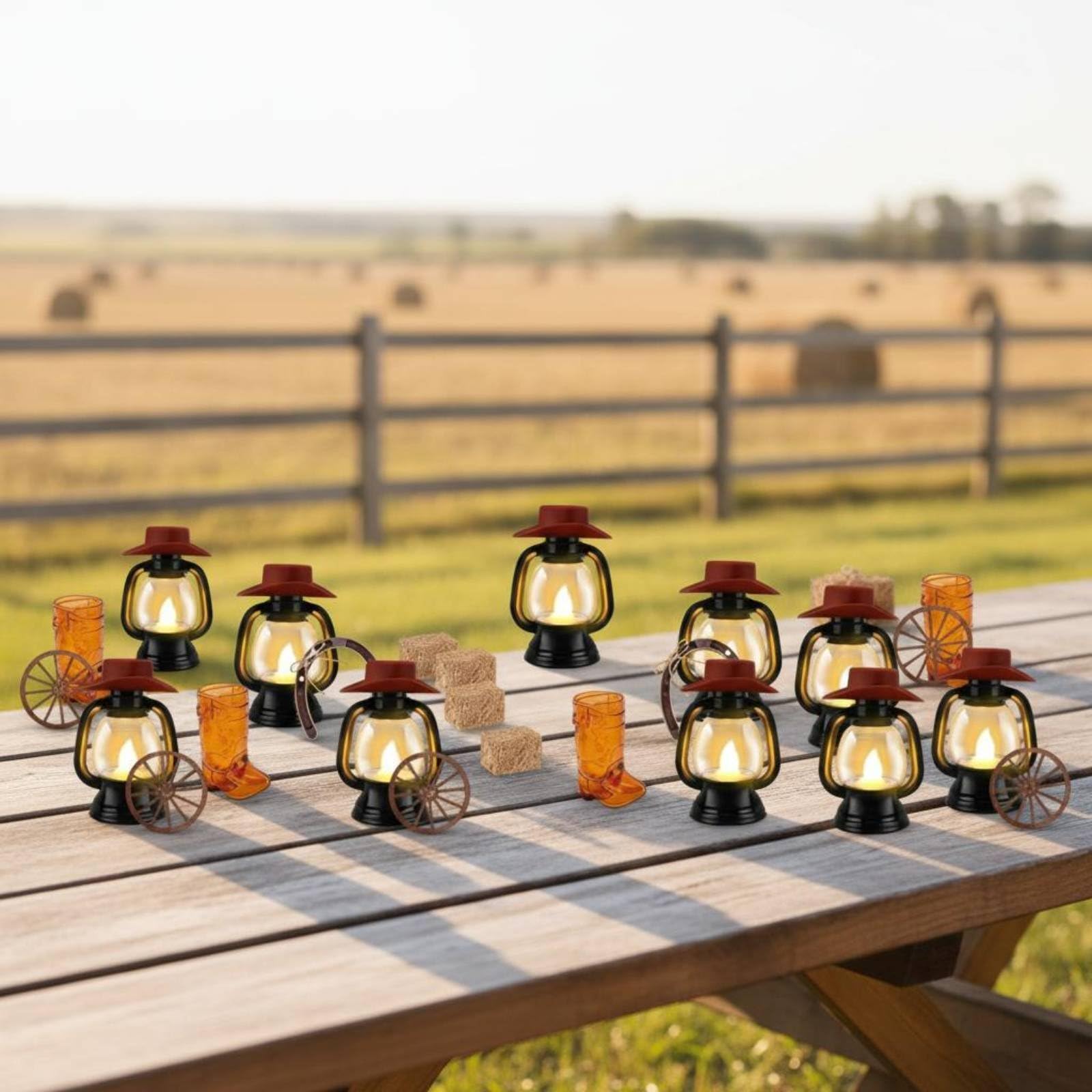 Western Party Centerpiece Centrotavola Decorazione Tavolo Lanterna LED Cappello di Cavallo Base Plastica Stile Country Adatto per Matrimoni Compleanni Riunioni di Famiglia