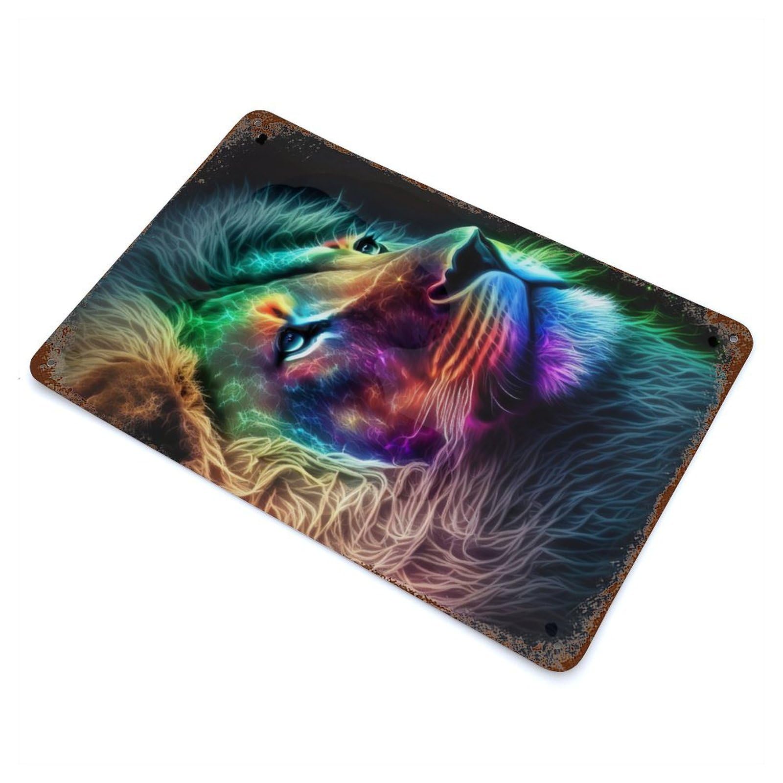 Colorful Lion Portrait Vintage Wall Sign 11.8"x7.9", Rust Effect Metal Decor for Farmhouse, Kitchen And Entryway Decor