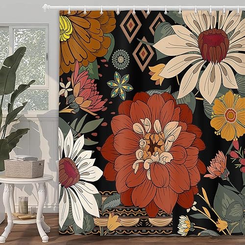 Miniatura 4 de Cortina de ducha con diseño floral retro, diseño bohemio abstracto, diseño botánico abstracto, moderno y estético, moderno de mediados de siglo